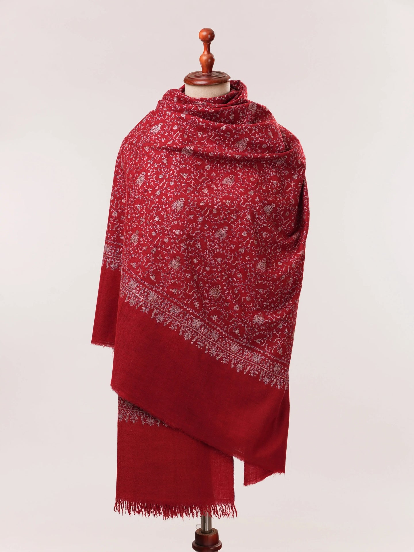 Ruby Red Handwoven Pure Pashmina Shawl with Silk Hand Embroidery Shahkaar.com