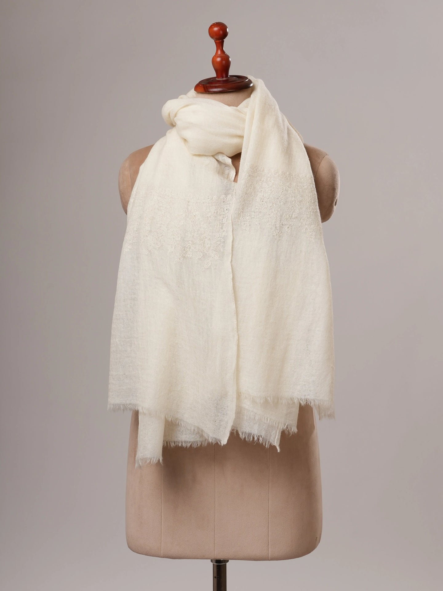 White Sozni Embroidered Boiled Wool Shawl Shahkaar