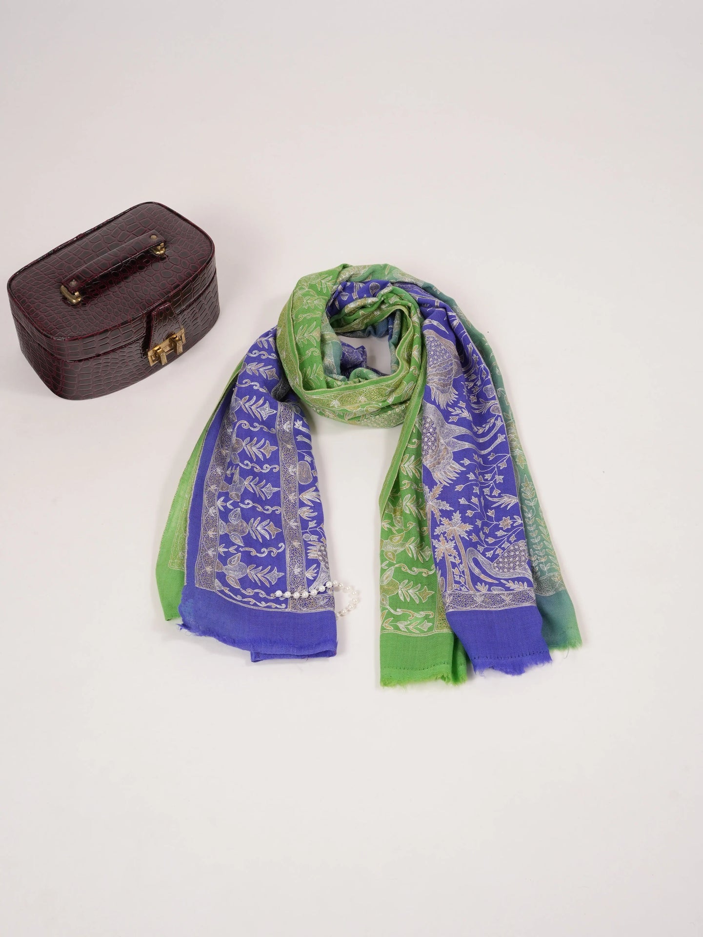 Dual Shade Handwoven Pashmina Shawl with Hand Kalamkari Embroidery Shahkaar.com