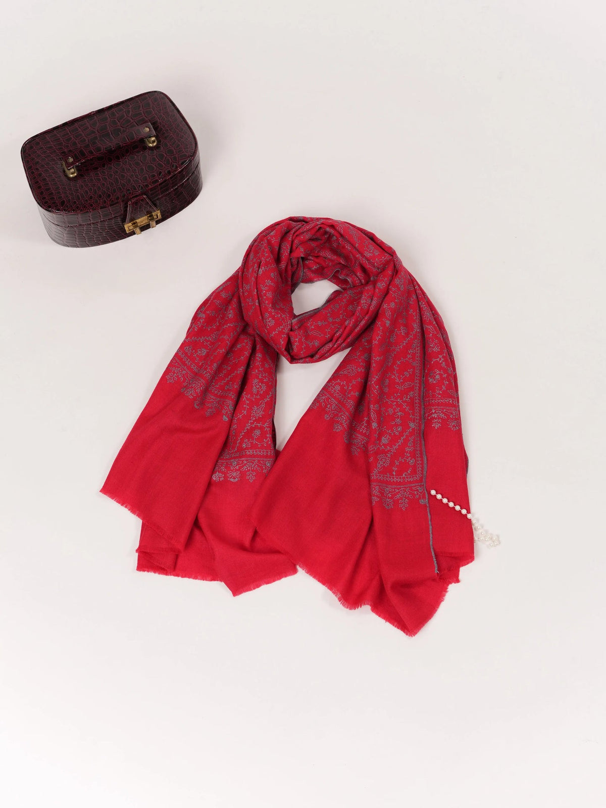 Crimson Red Handwoven Pashmina Jali Embroidered Kashmiri Shawl Shahkaar.com