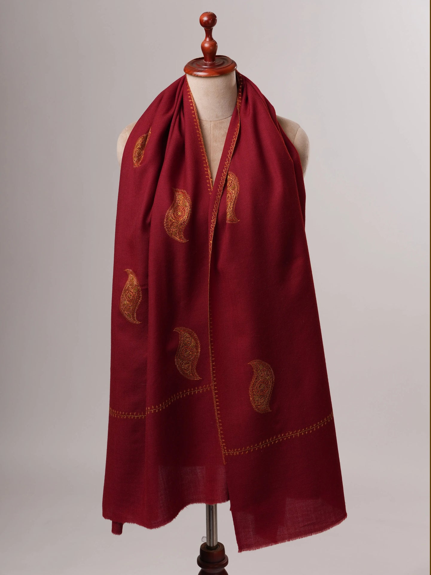 Hand-Embroidered Maroon Fine Wool Shawl with Buteh Motifs Shahkaar