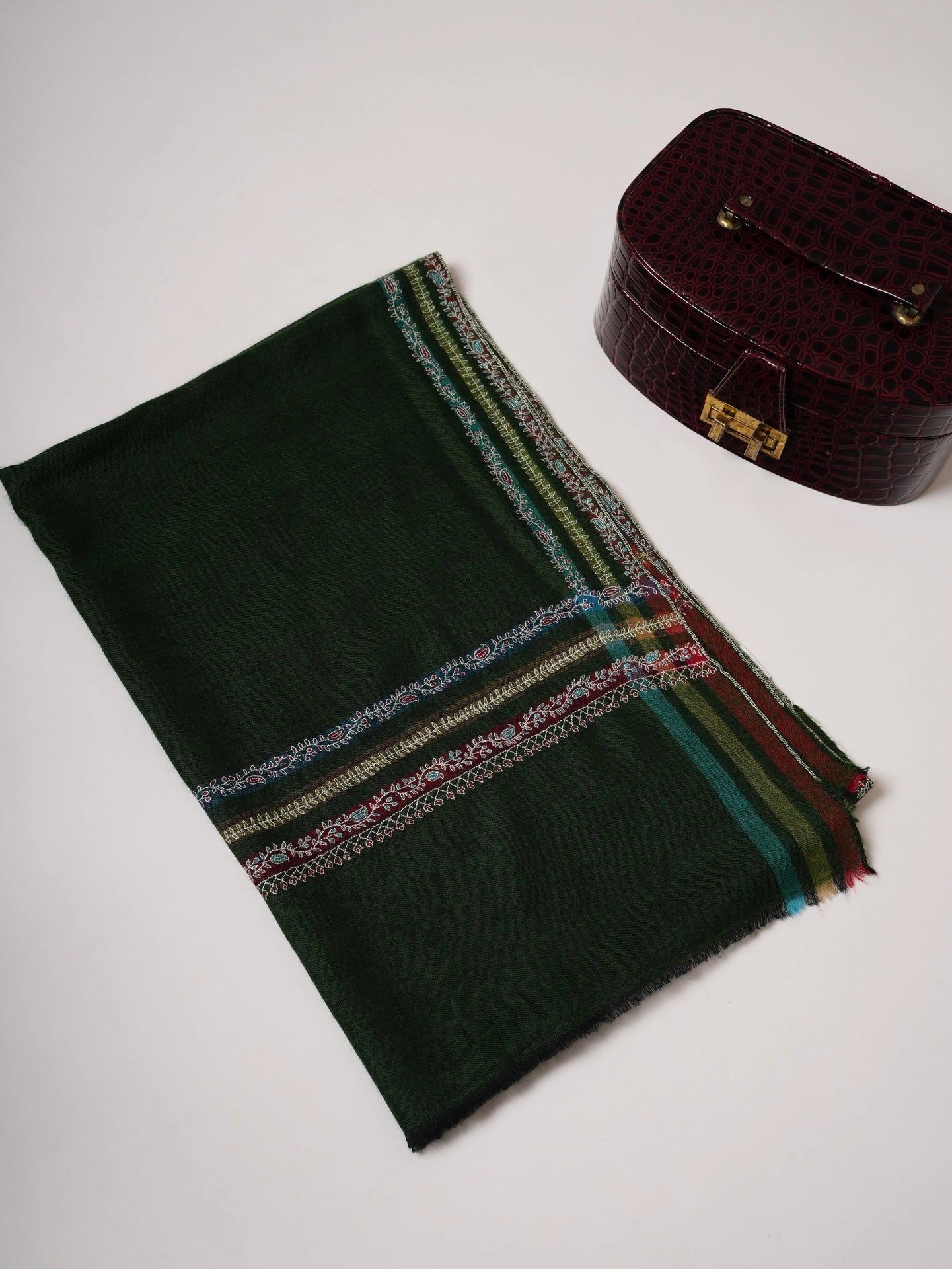 Hashia Embroidered Green Cashmere Scarf with Border Hashia Embroidery Shahkaar