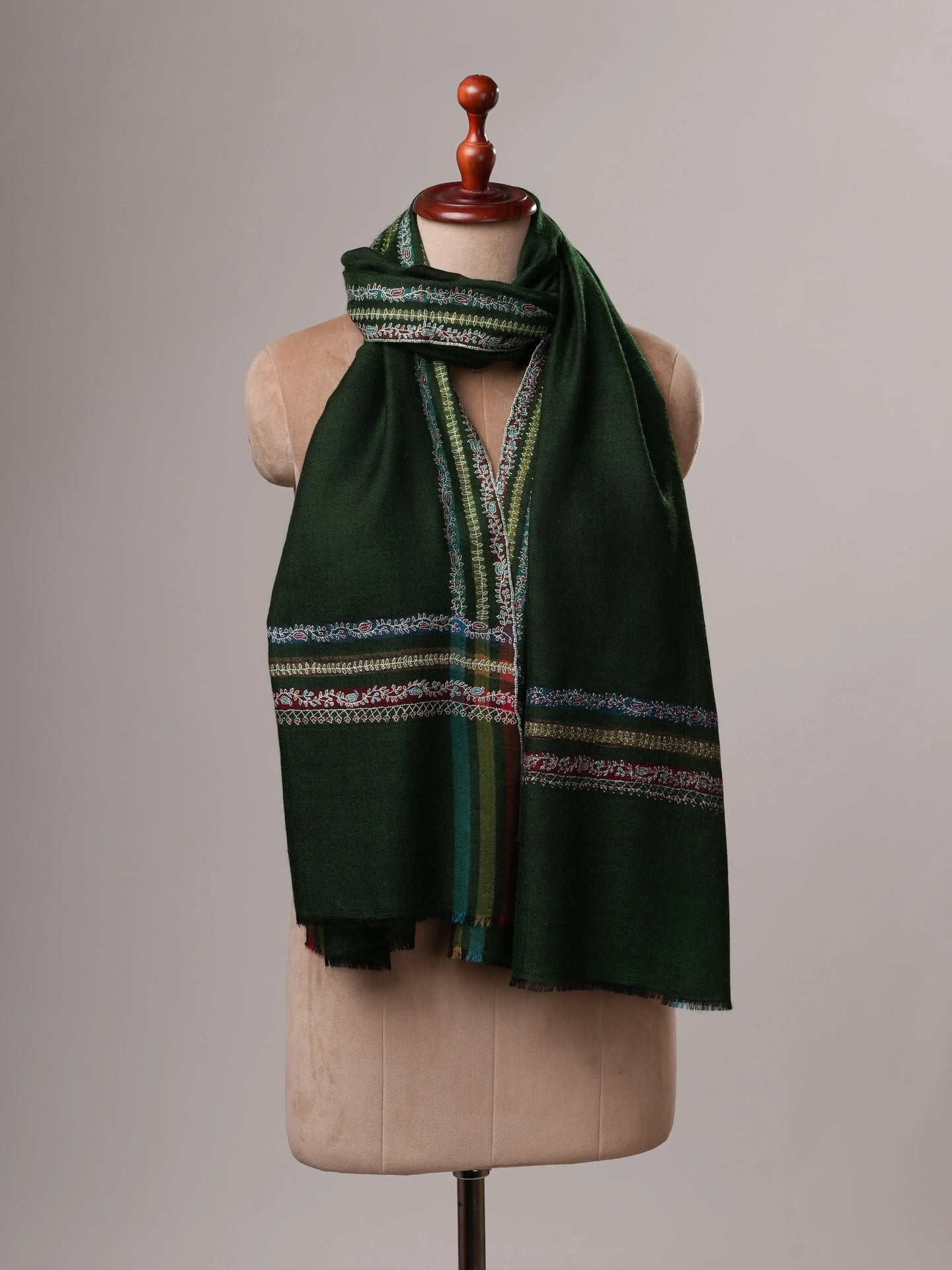 Hashia Embroidered Green Cashmere Scarf with Border Hashia Embroidery Shahkaar