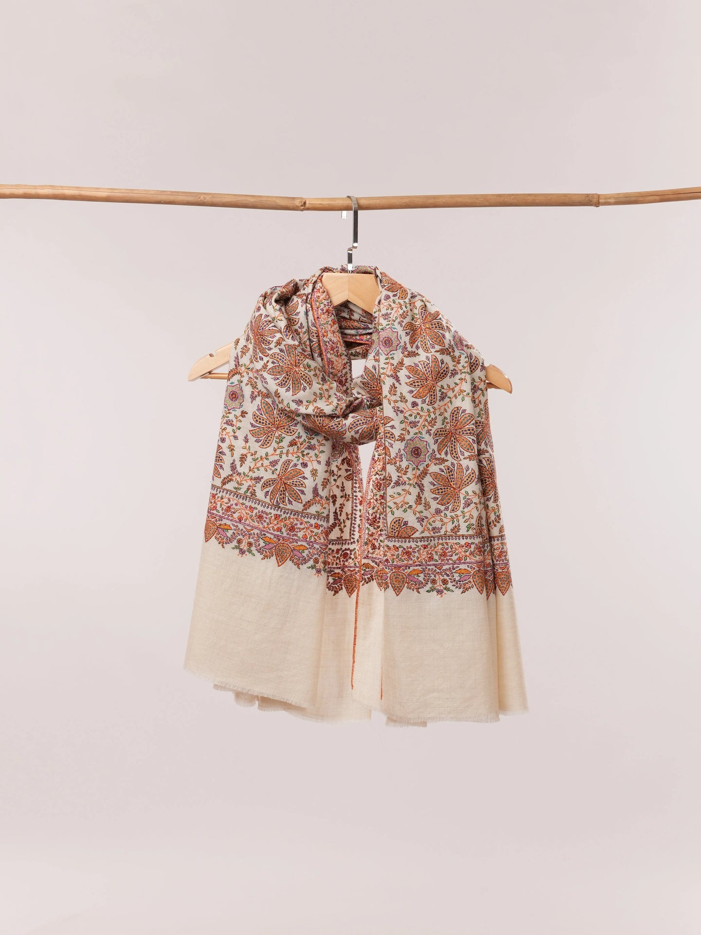 Natural White Pashmina Shawl with Detailed Hand Embroidery Shahkaar.com