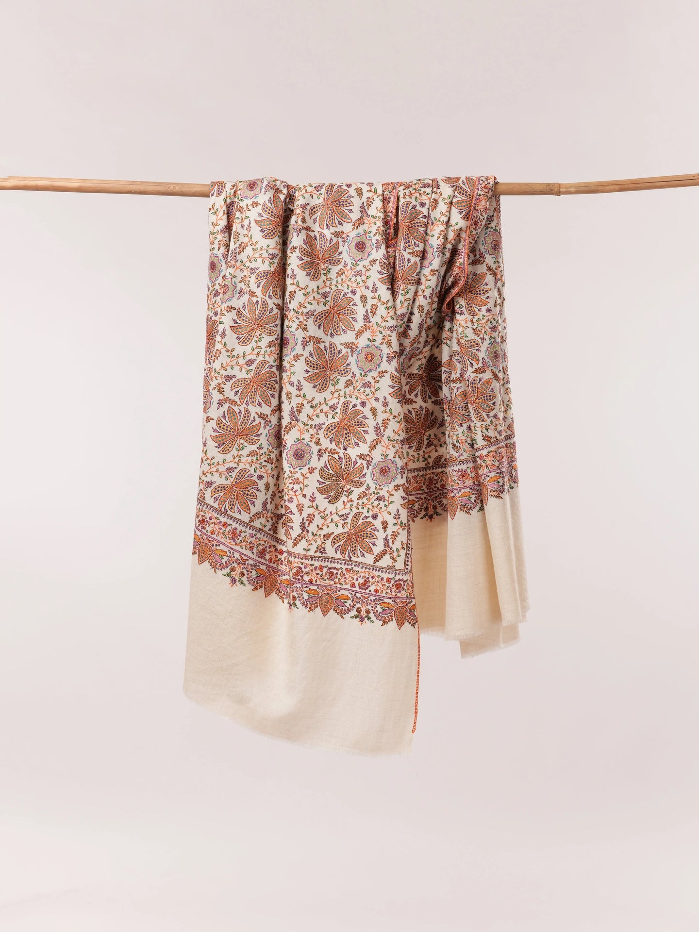 Natural White Pashmina Shawl with Detailed Hand Embroidery Shahkaar.com