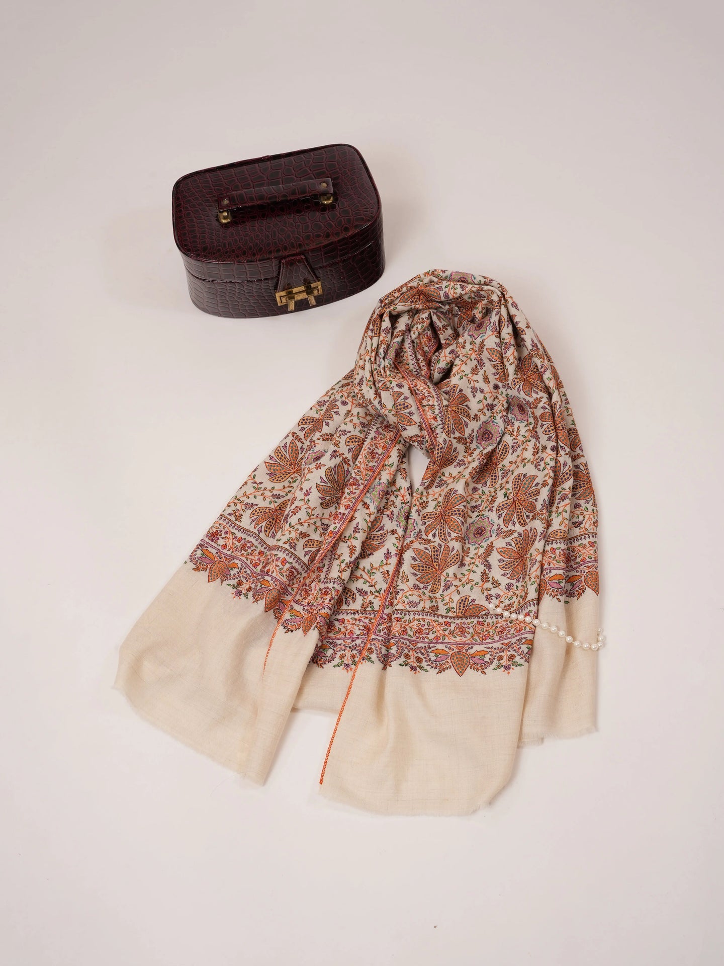 Natural White Pashmina Shawl with Detailed Hand Embroidery Shahkaar.com