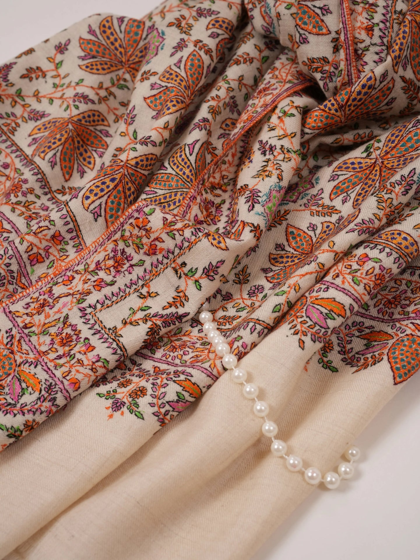 Natural White Pashmina Shawl with Detailed Hand Embroidery Shahkaar.com