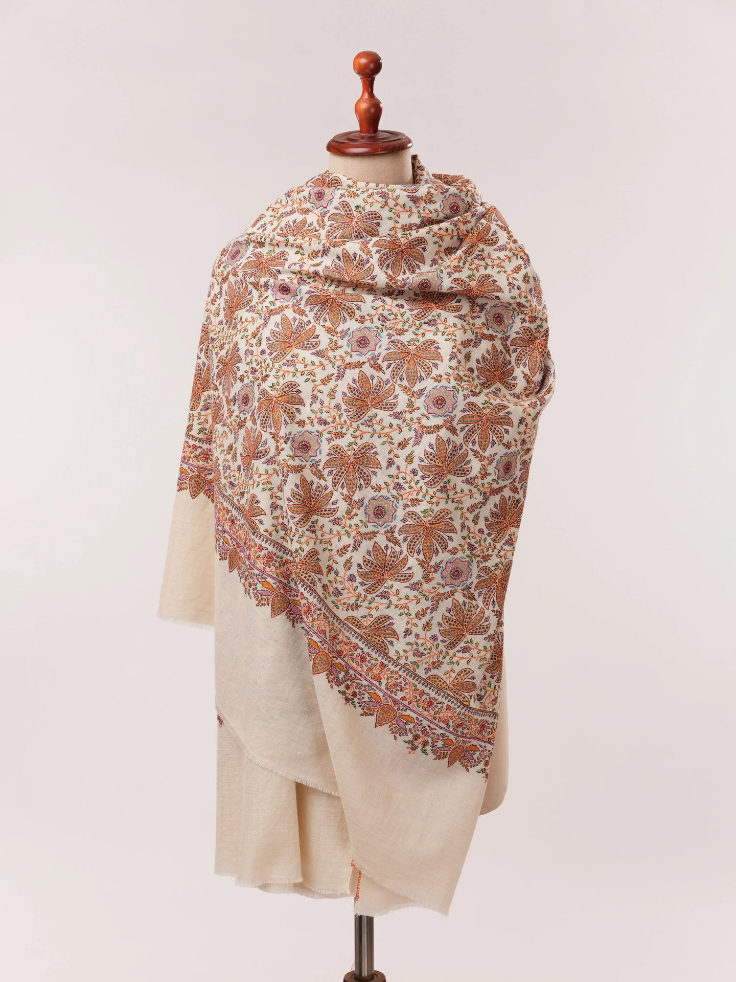 Natural White Pashmina Shawl with Detailed Hand Embroidery Shahkaar.com