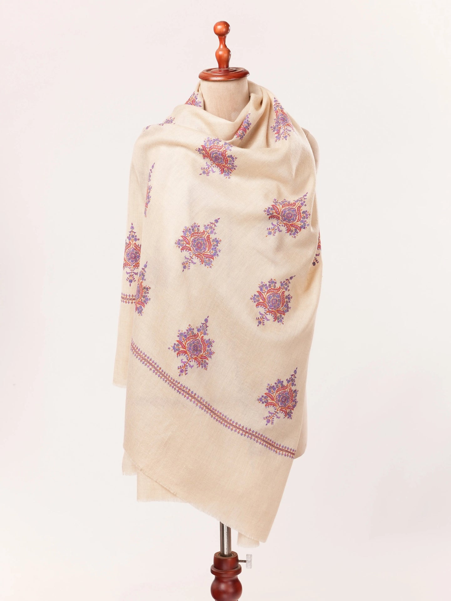 Kashmiri Beige Handwoven Pashmina Shawl with Buteh Hand Sozni Embroidery Shahkaar.com
