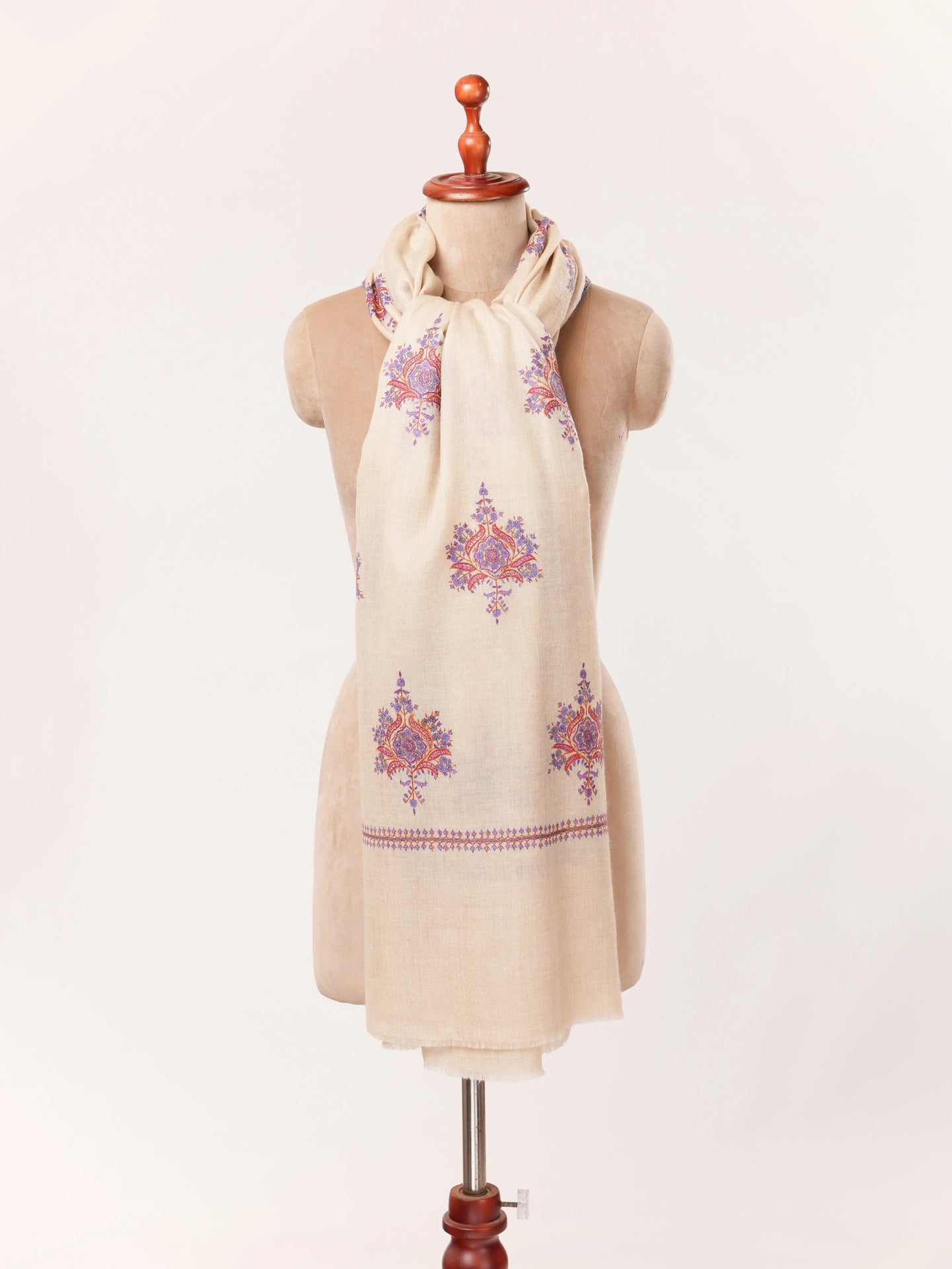 Kashmiri Beige Handwoven Pashmina Shawl with Buteh Hand Sozni Embroidery Shahkaar.com