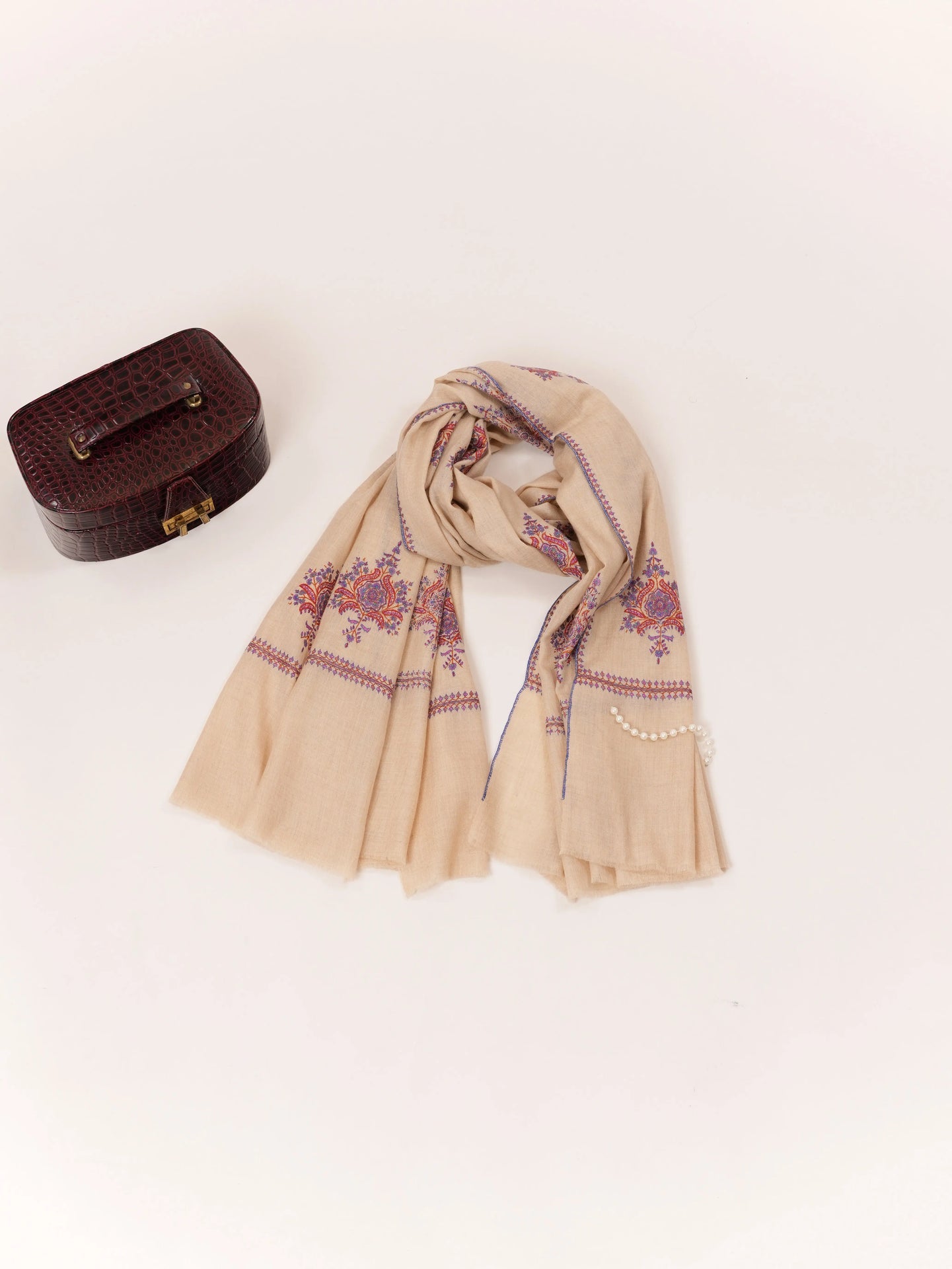 Kashmiri Beige Handwoven Pashmina Shawl with Buteh Hand Sozni Embroidery Shahkaar.com