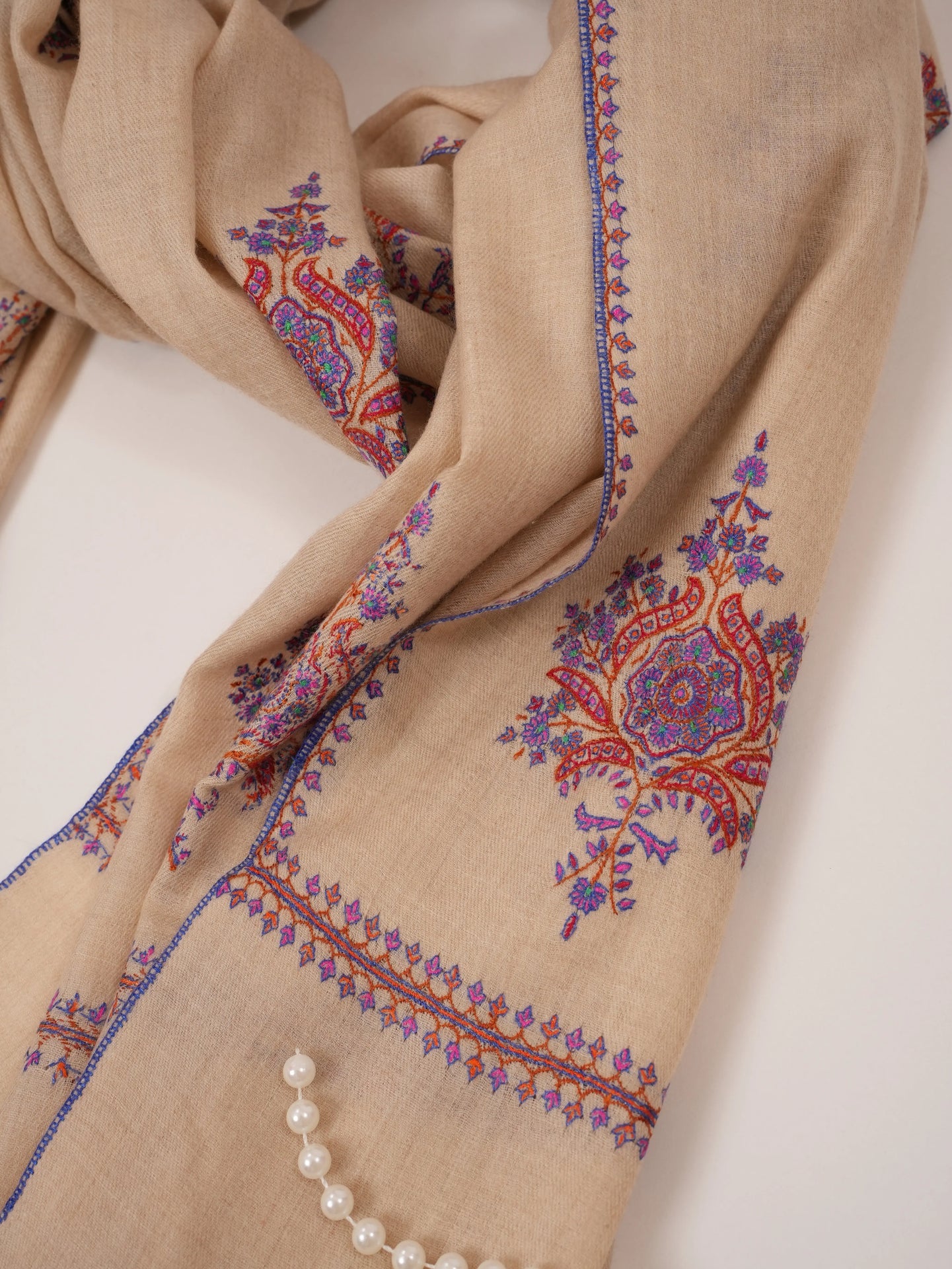 Kashmiri Beige Handwoven Pashmina Shawl with Buteh Hand Sozni Embroidery Shahkaar.com
