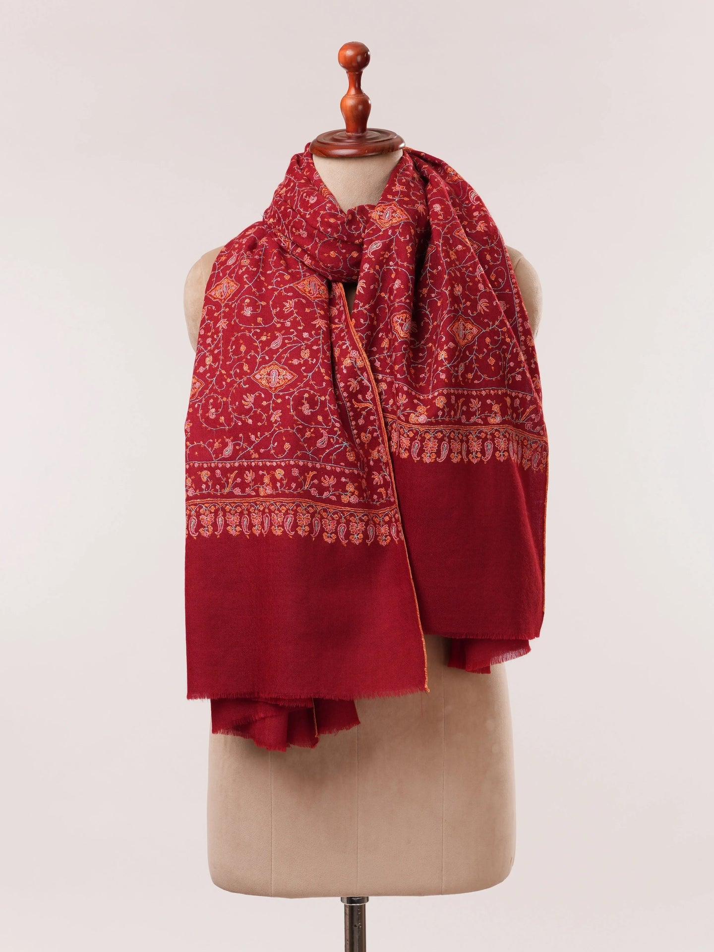 Carmine Red Handwoven Floral Hand Embroidered Kashmiri Pashmina Shawl Shahkaar.com