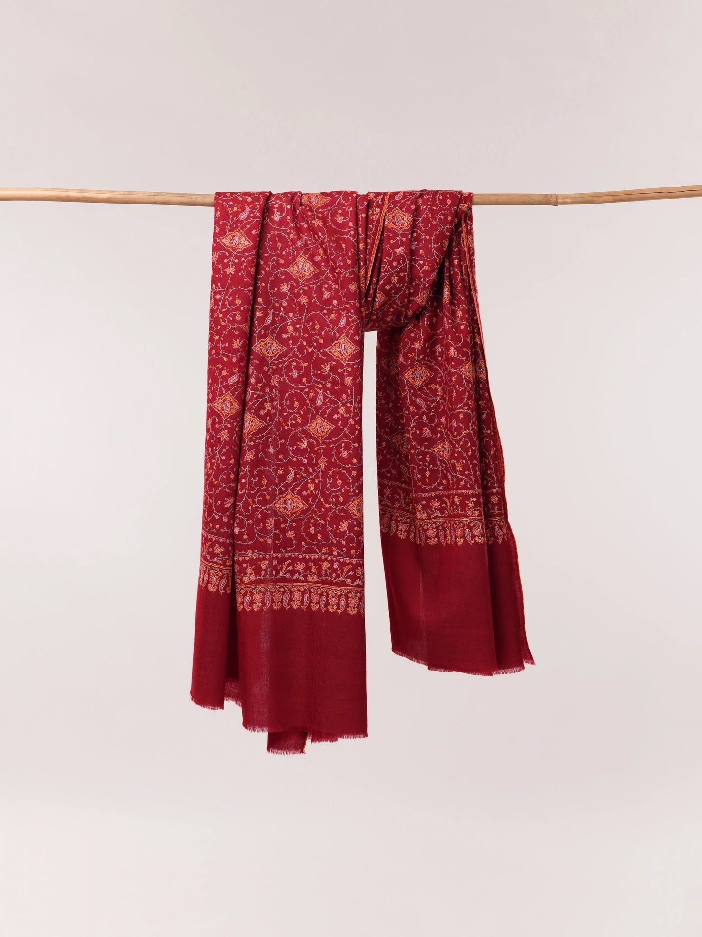 Carmine Red Handwoven Floral Hand Embroidered Kashmiri Pashmina Shawl Shahkaar.com