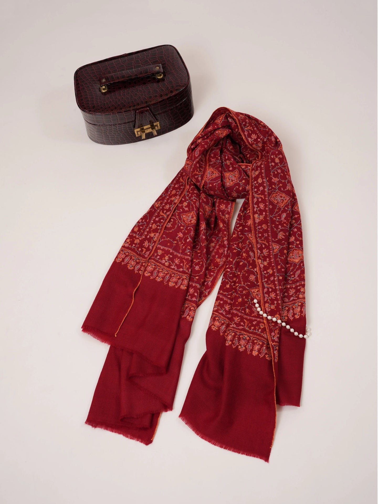 Carmine Red Handwoven Floral Hand Embroidered Kashmiri Pashmina Shawl Shahkaar.com