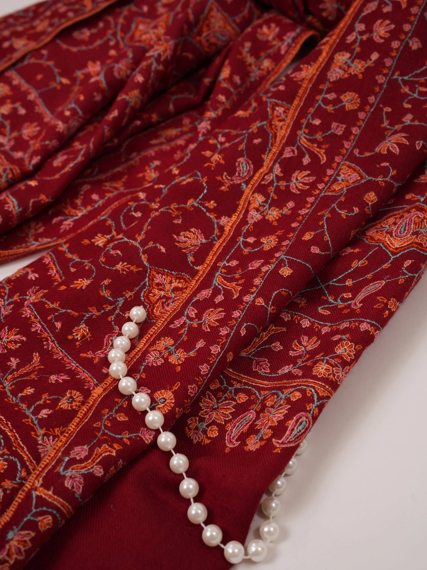 Carmine Red Handwoven Floral Hand Embroidered Kashmiri Pashmina Shawl Shahkaar.com