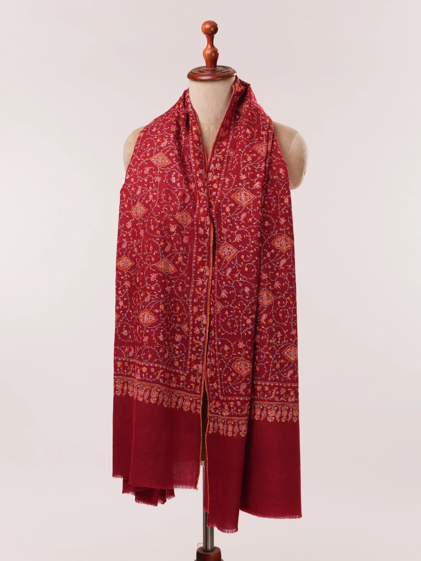Carmine Red Handwoven Floral Hand Embroidered Kashmiri Pashmina Shawl Shahkaar.com