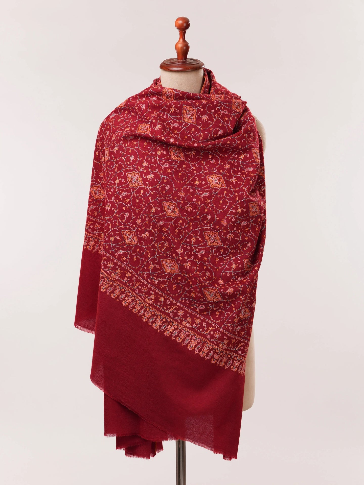Carmine Red Handwoven Floral Hand Embroidered Kashmiri Pashmina Shawl Shahkaar.com