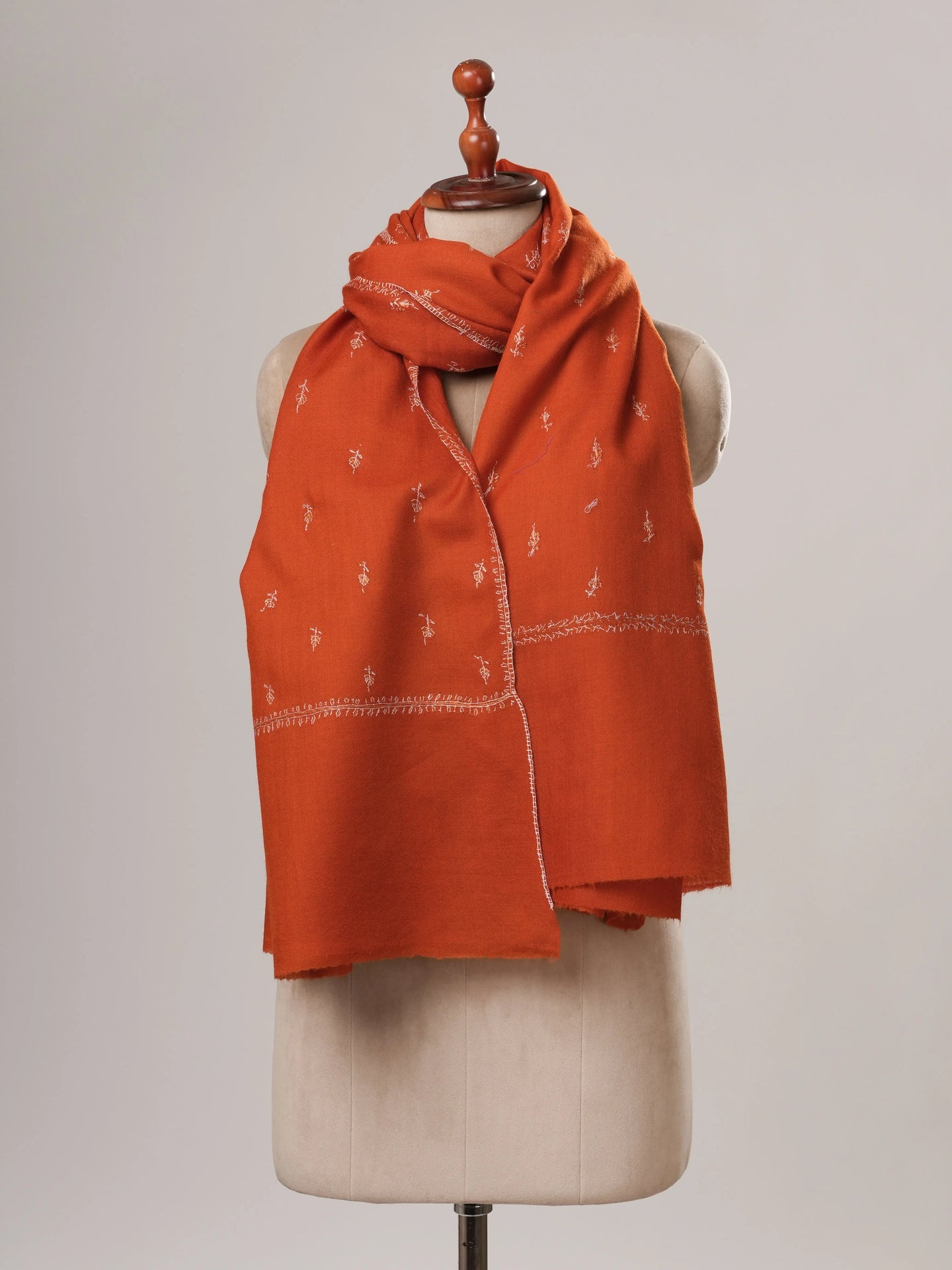Rust Hand Embroidered Machie Buteh Fine Wool Shawl Shahkaar