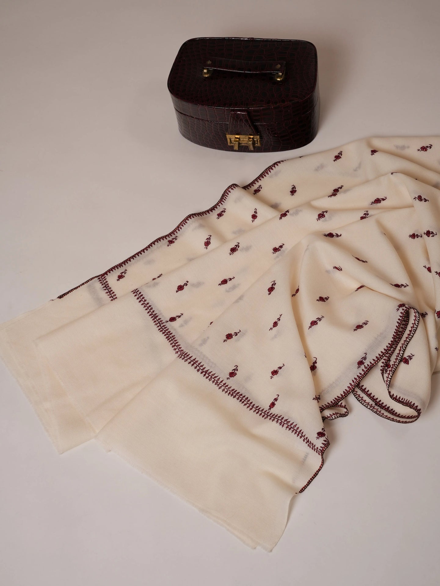 White Papier Machie Booti Hand Embroidered Fine Wool Shawl Shahkaar Global