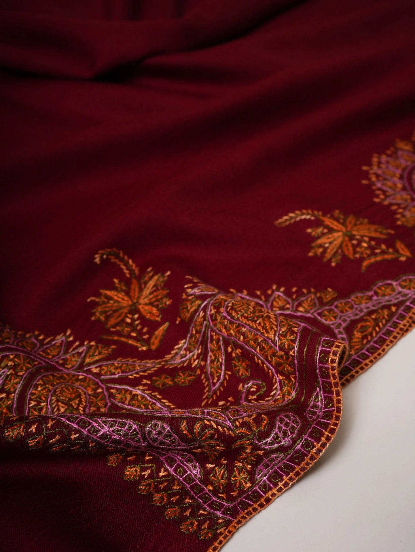Maroon Daurdar Hand Embroidered Fine Wool Shawl Shahkaar