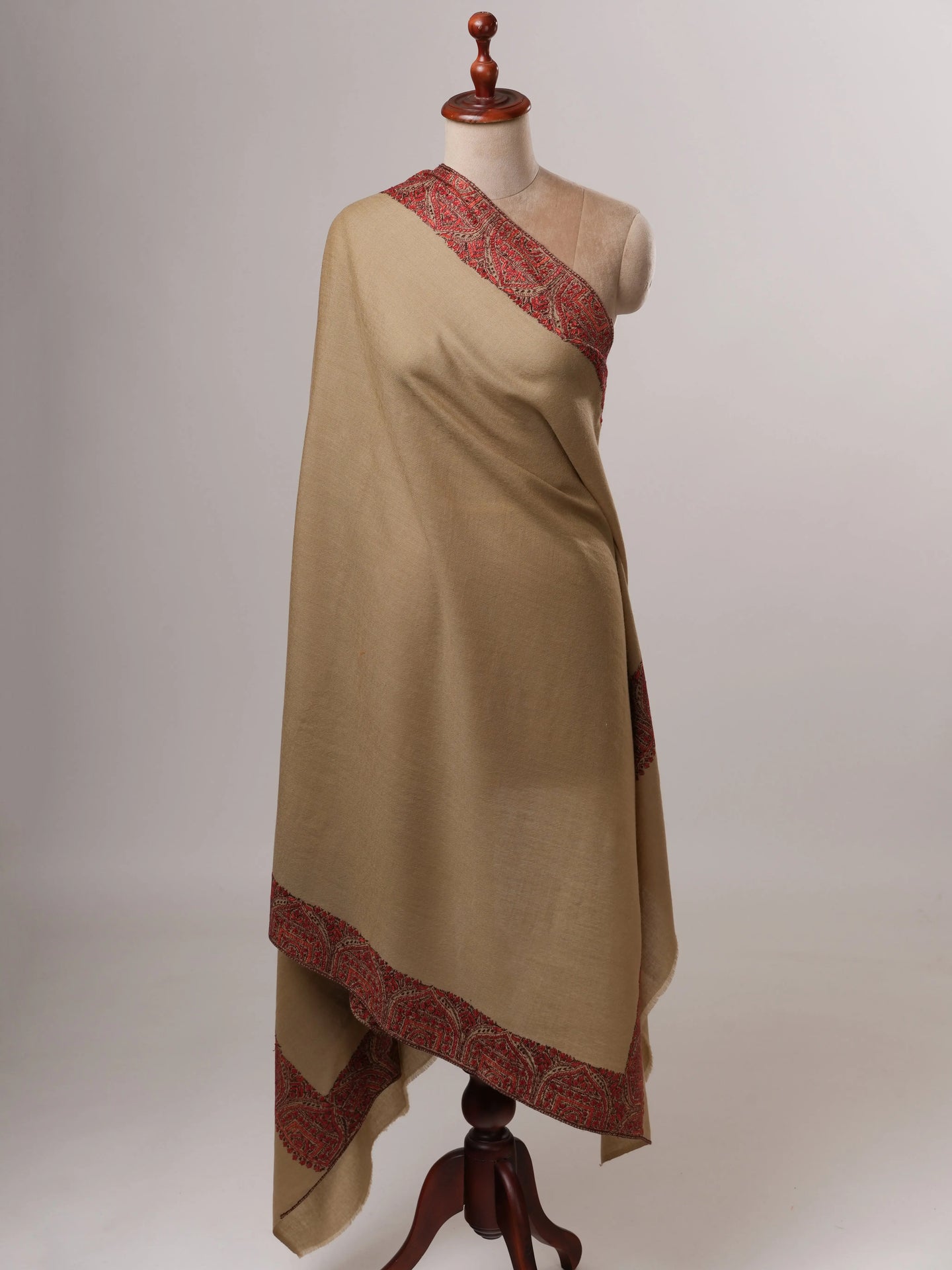 Fine Wool Shawl in Olive with Hand-Embroidered Daur Dar Motifs Shahkaar