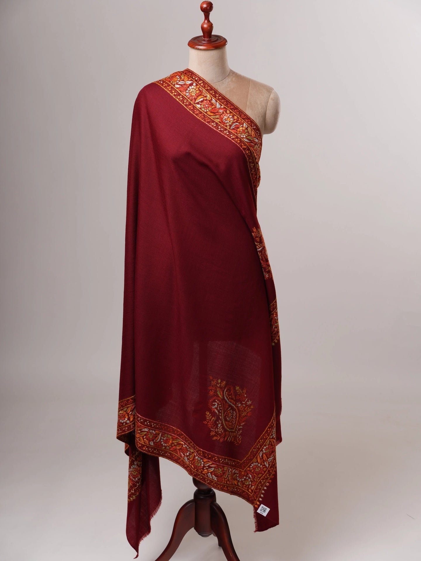 Handcrafted Maroon Fine Wool Shawl with Papier Machie Style Daur Embroidery Shahkaar