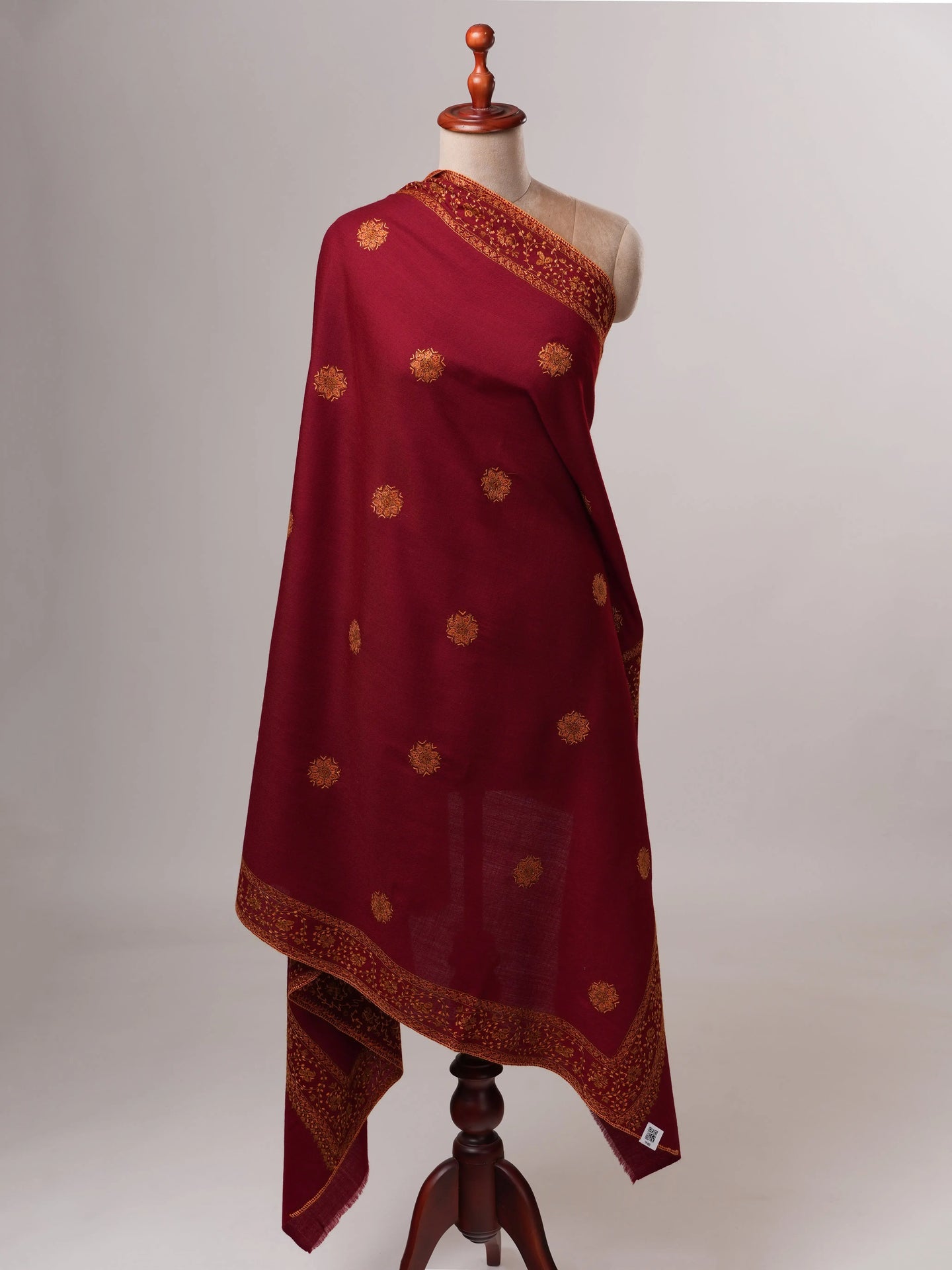 Fine Wool Maroon Shawl with Hand-Embroidered Buteh Daur Motifs Shahkaar
