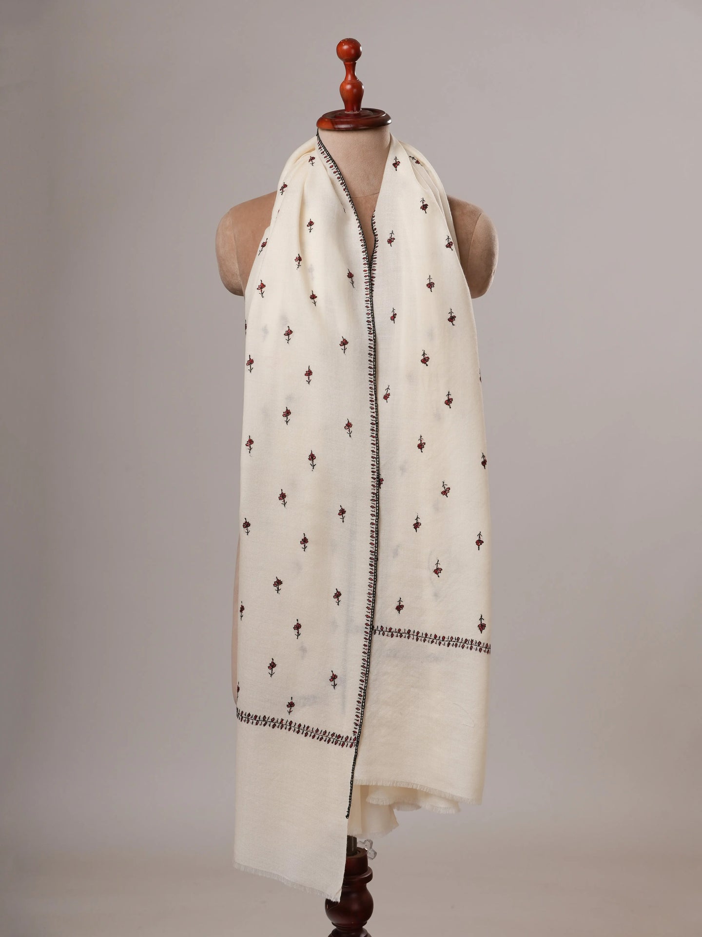 White Fine Wool Hand Embroidered Machie Booti Shawl Shahkaar