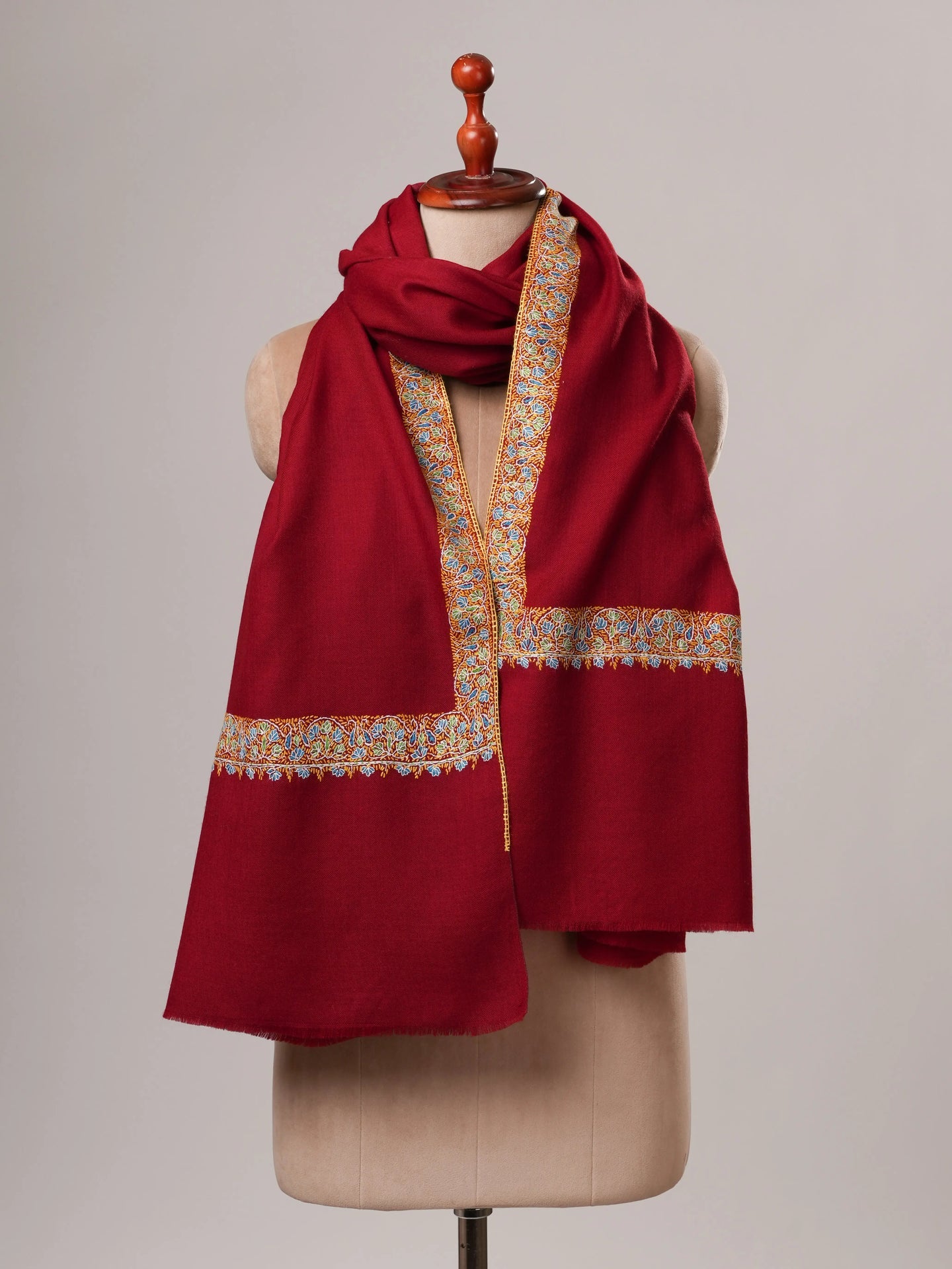 Red Neemdaur Hand Embroidered Pure Wool Soft Shawl Shahkaar