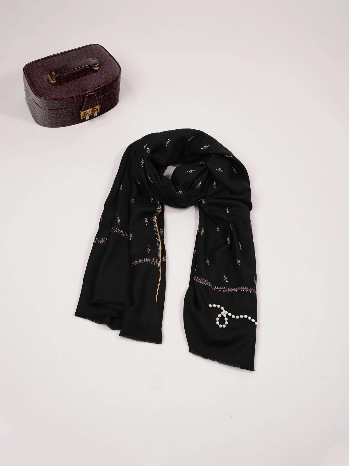 Buteh Hand Sozni Embroidered Black Kashmiri Fine Wool Shawl Shahkaar.com