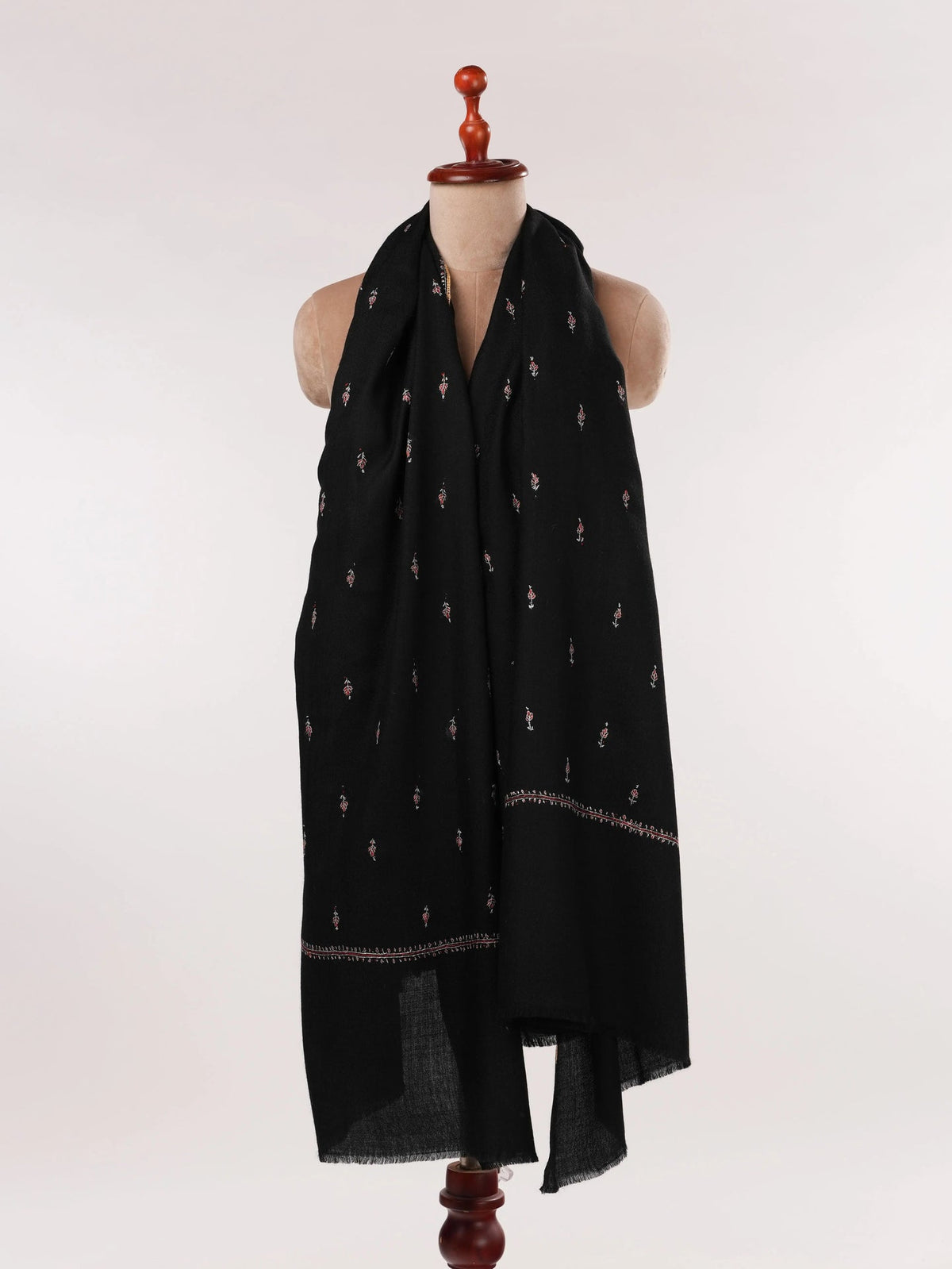 Buteh Hand Sozni Embroidered Black Kashmiri Fine Wool Shawl Shahkaar.com