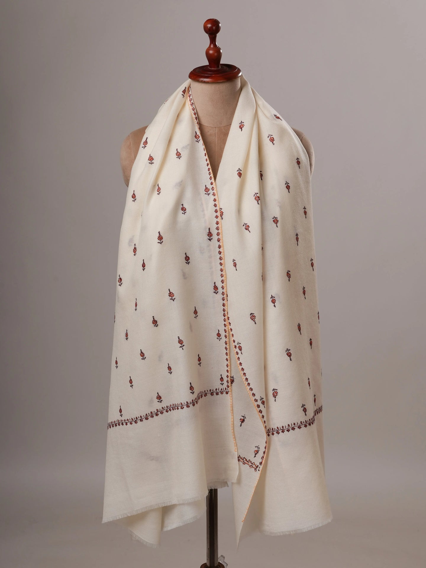 Ivory Soft Fine Wool Shawl with Hand Embroidery Shahkaar Global