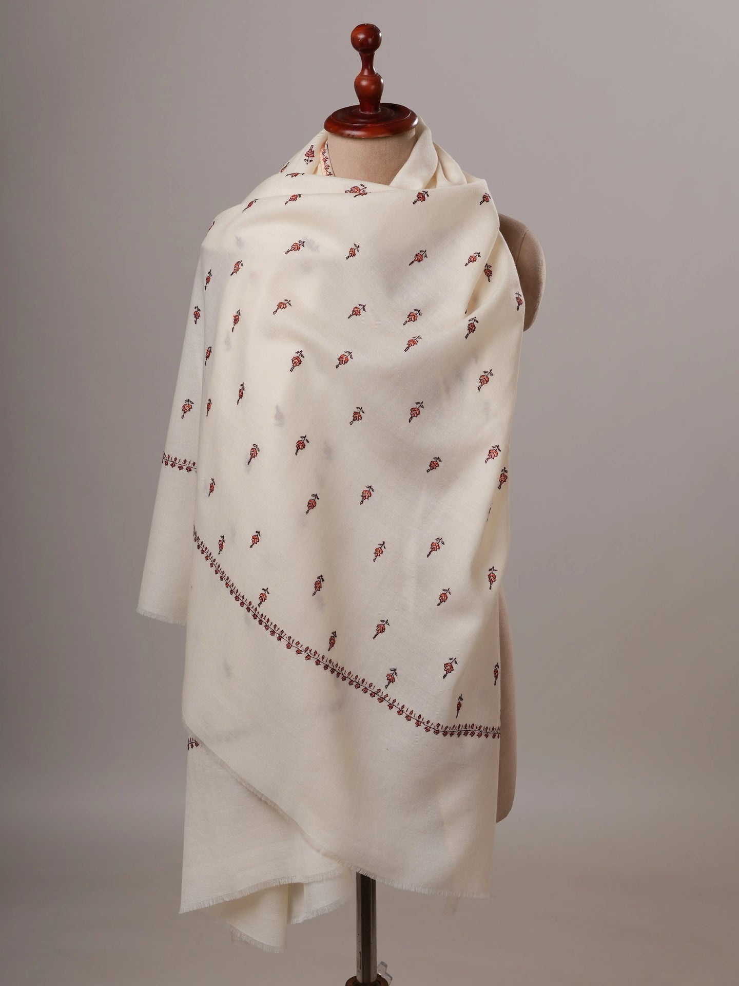 Ivory Soft Fine Wool Shawl with Hand Embroidery Shahkaar Global