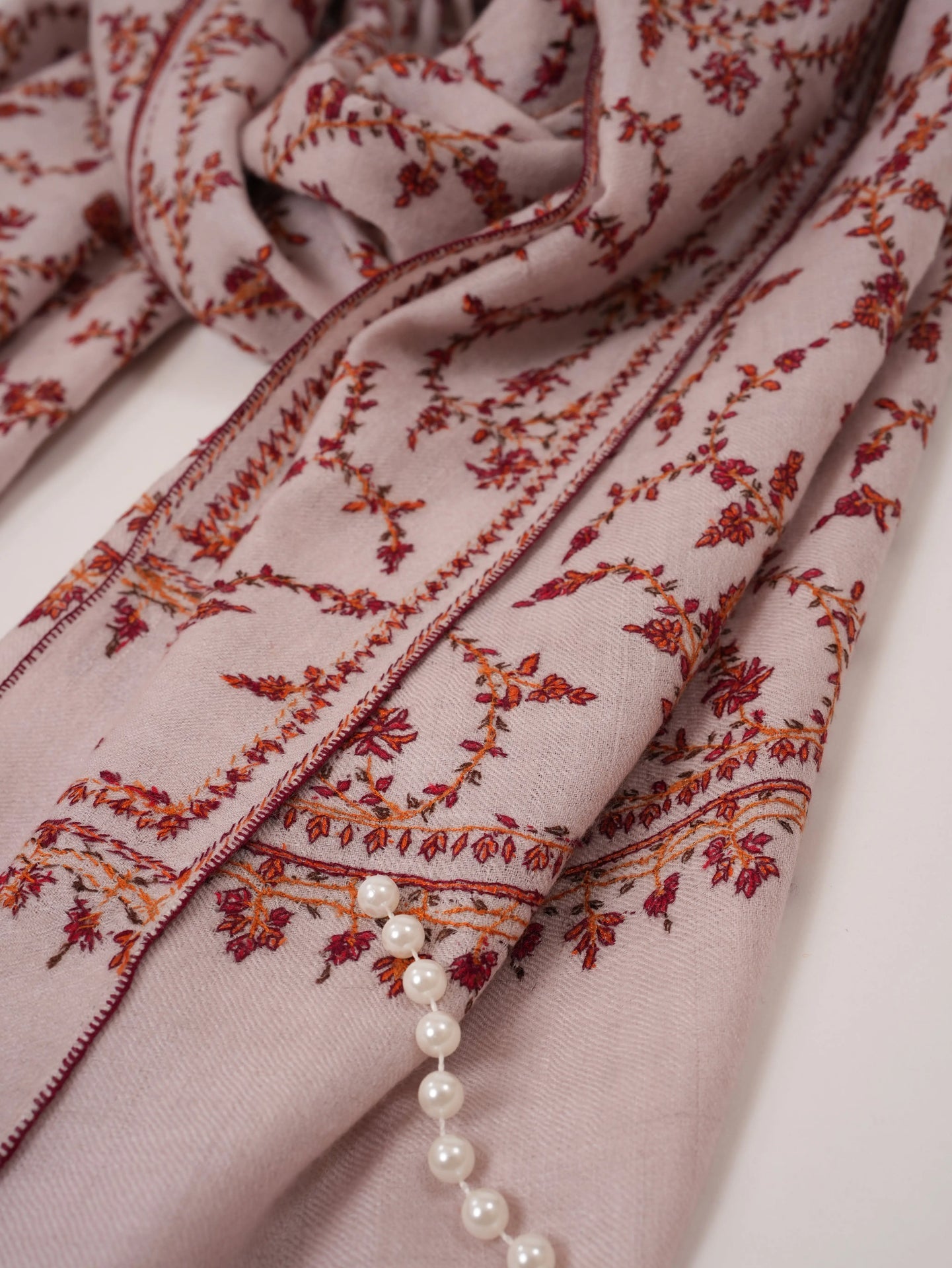 Baby Pink Pure Pashmina Shawl with Hand Sozni Embroidery Shahkaar.com