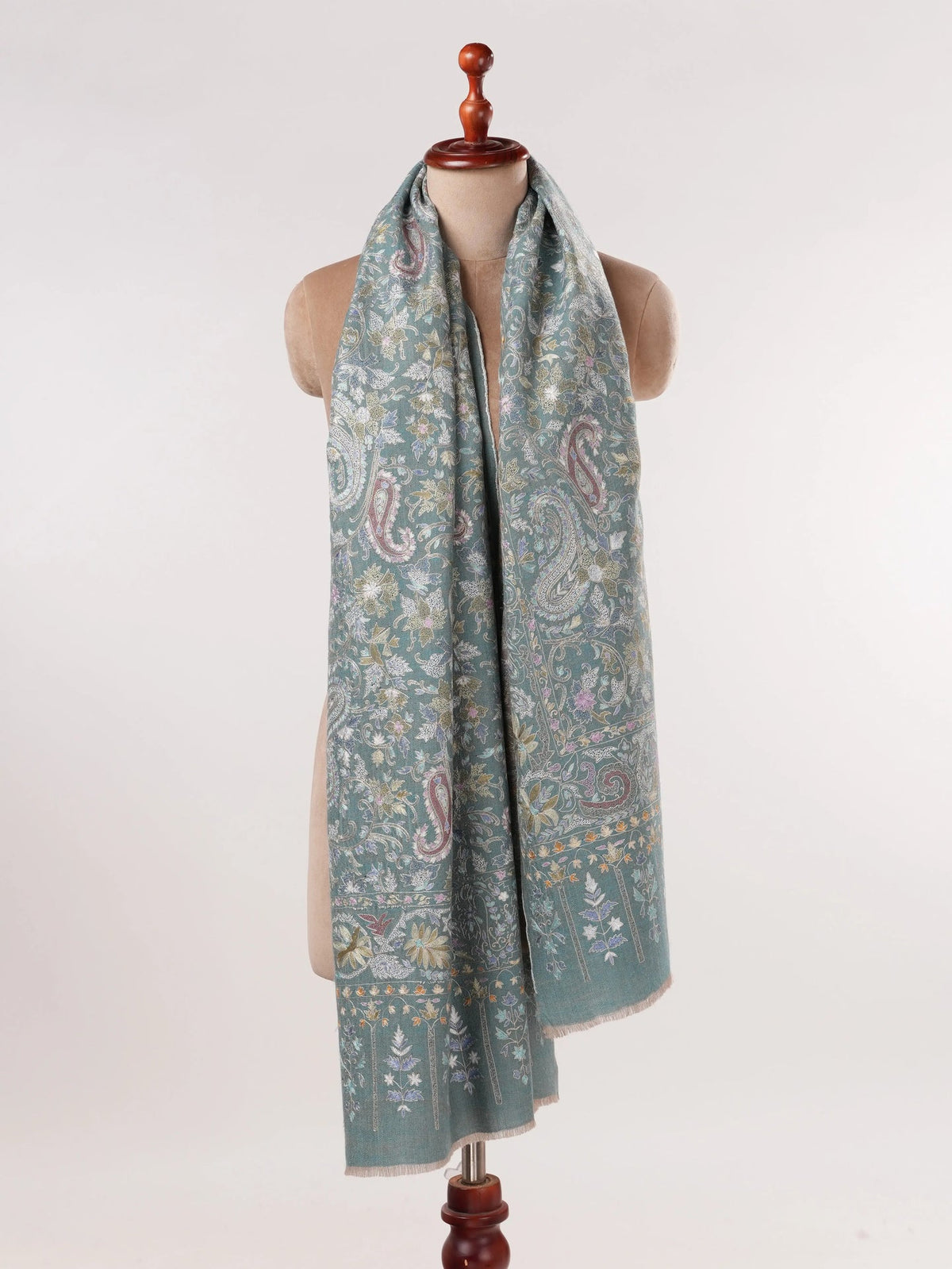 Kalamkari Greenish Handwoven Pashmina Shawl with Hand Embroidery Shahkaar.com