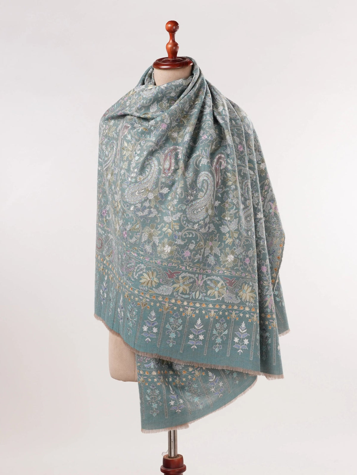 Kalamkari Greenish Handwoven Pashmina Shawl with Hand Embroidery Shahkaar.com