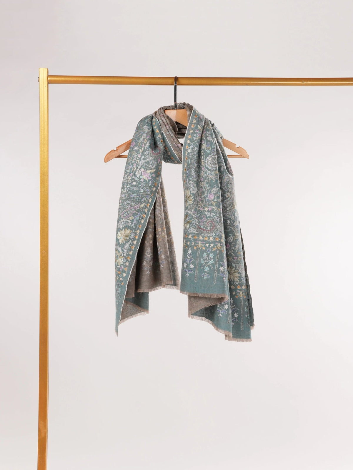 Kalamkari Greenish Handwoven Pashmina Shawl with Hand Embroidery Shahkaar.com