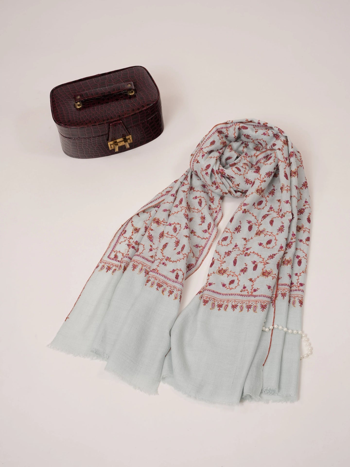 Baby Blue Authentic Pashmina Shawl with Floral Hand Embroidery Shahkaar.com