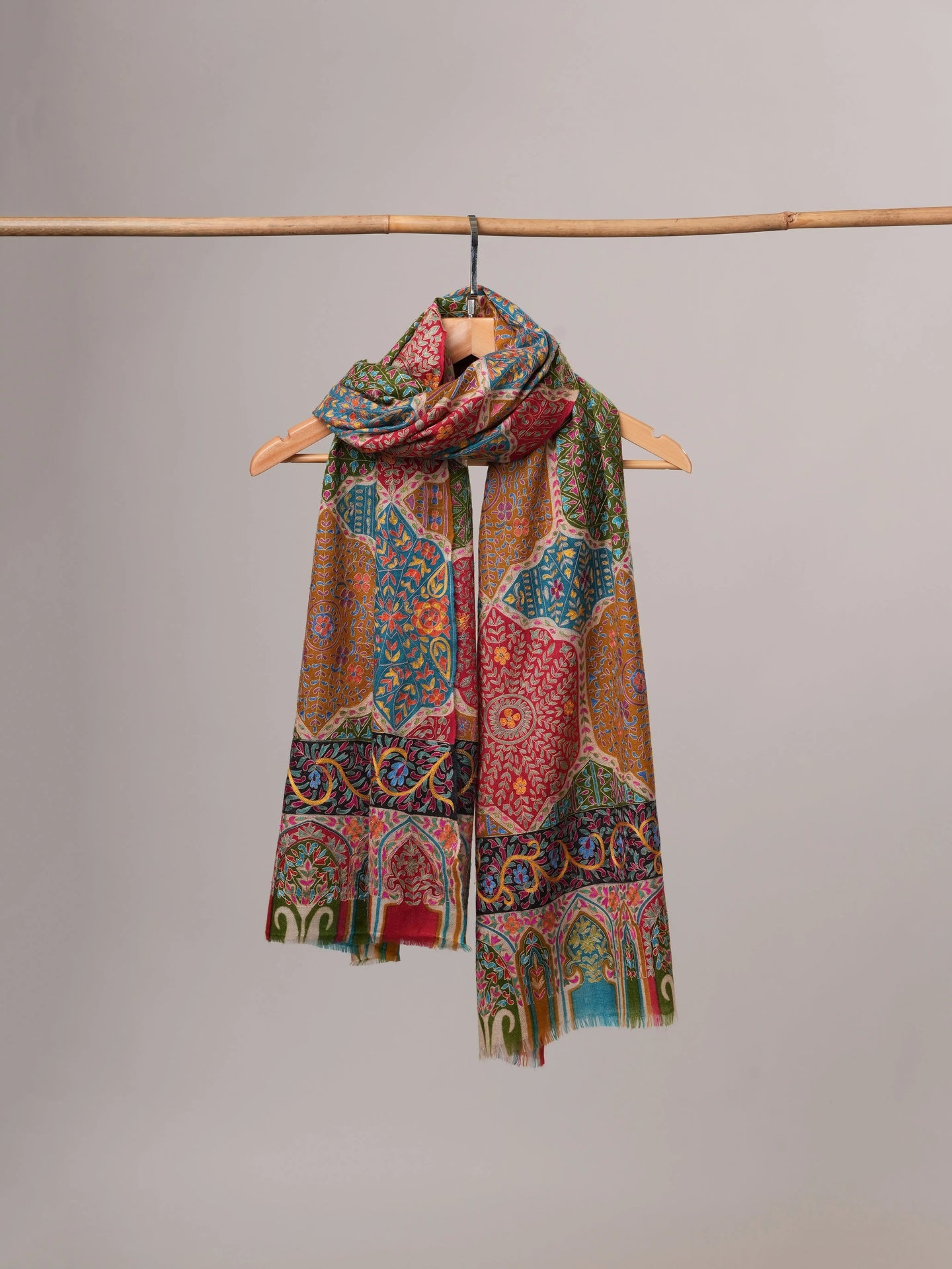 Handpainted Kalamkari Soft Cashmere Scarf with Hook Hand Embroidery Shahkaar
