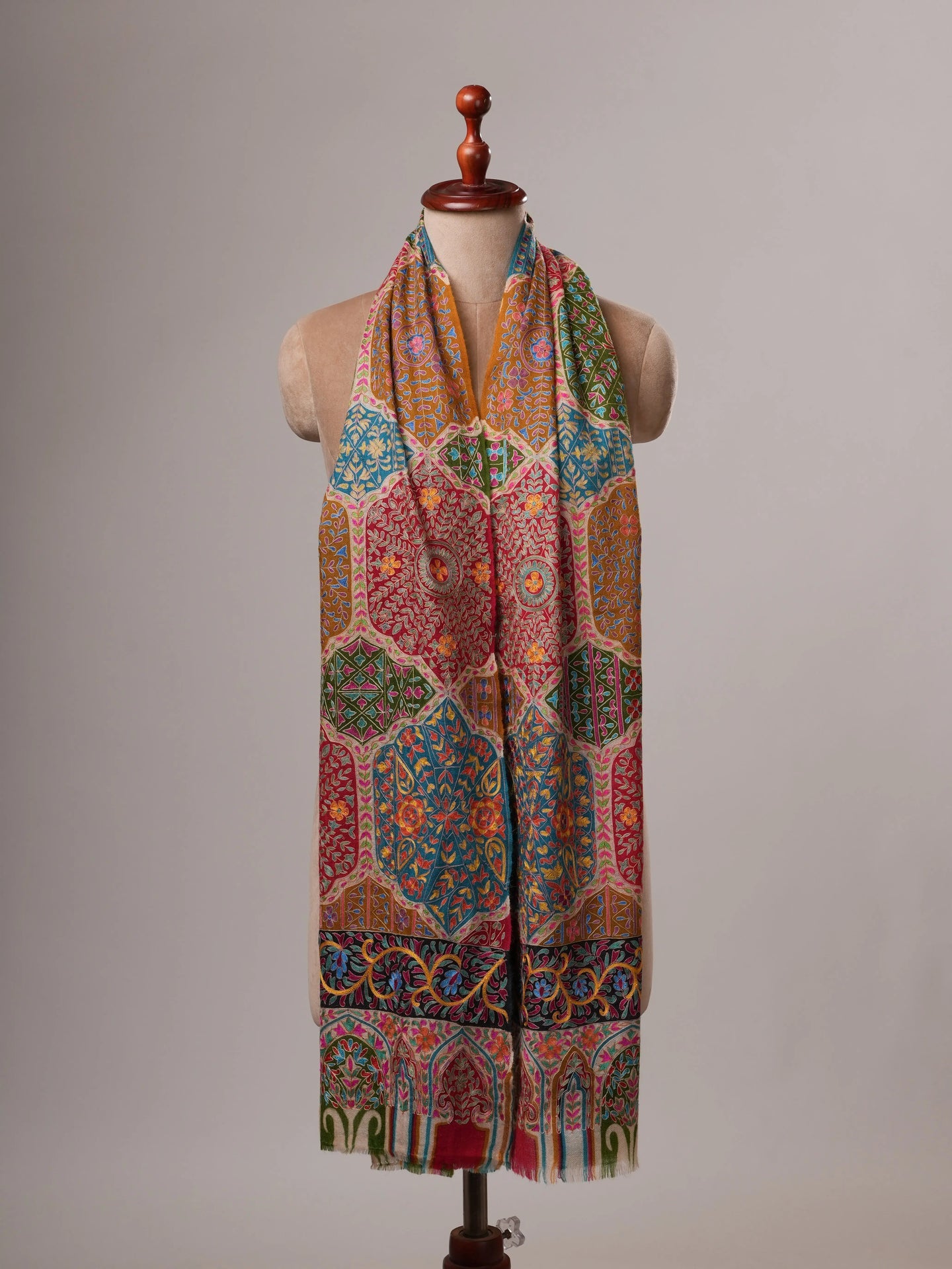 Handpainted Kalamkari Soft Cashmere Scarf with Hook Hand Embroidery Shahkaar