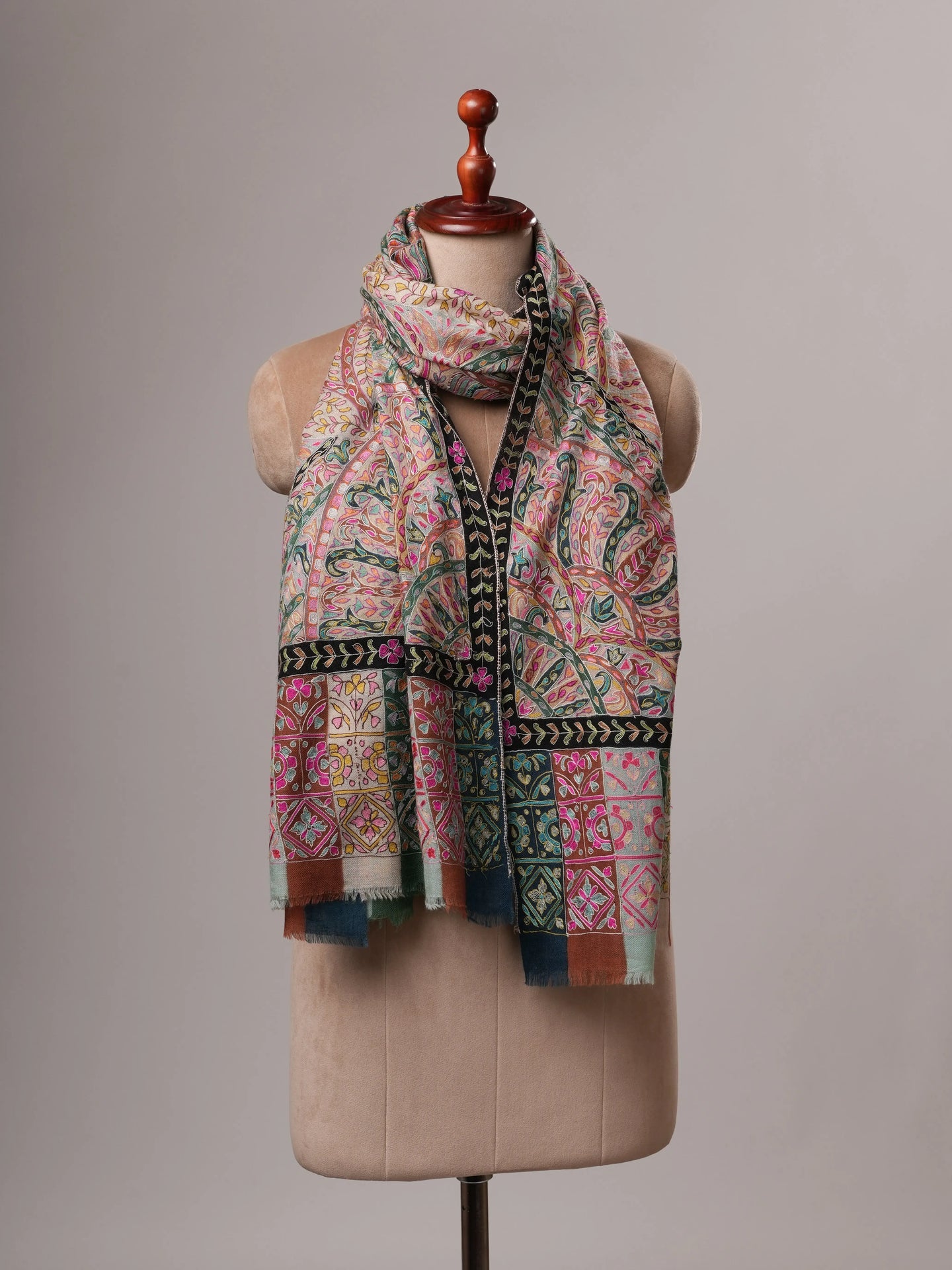Soft Cashmere Scarf with Handpainted Design and Hook Embroidery Shahkaar
