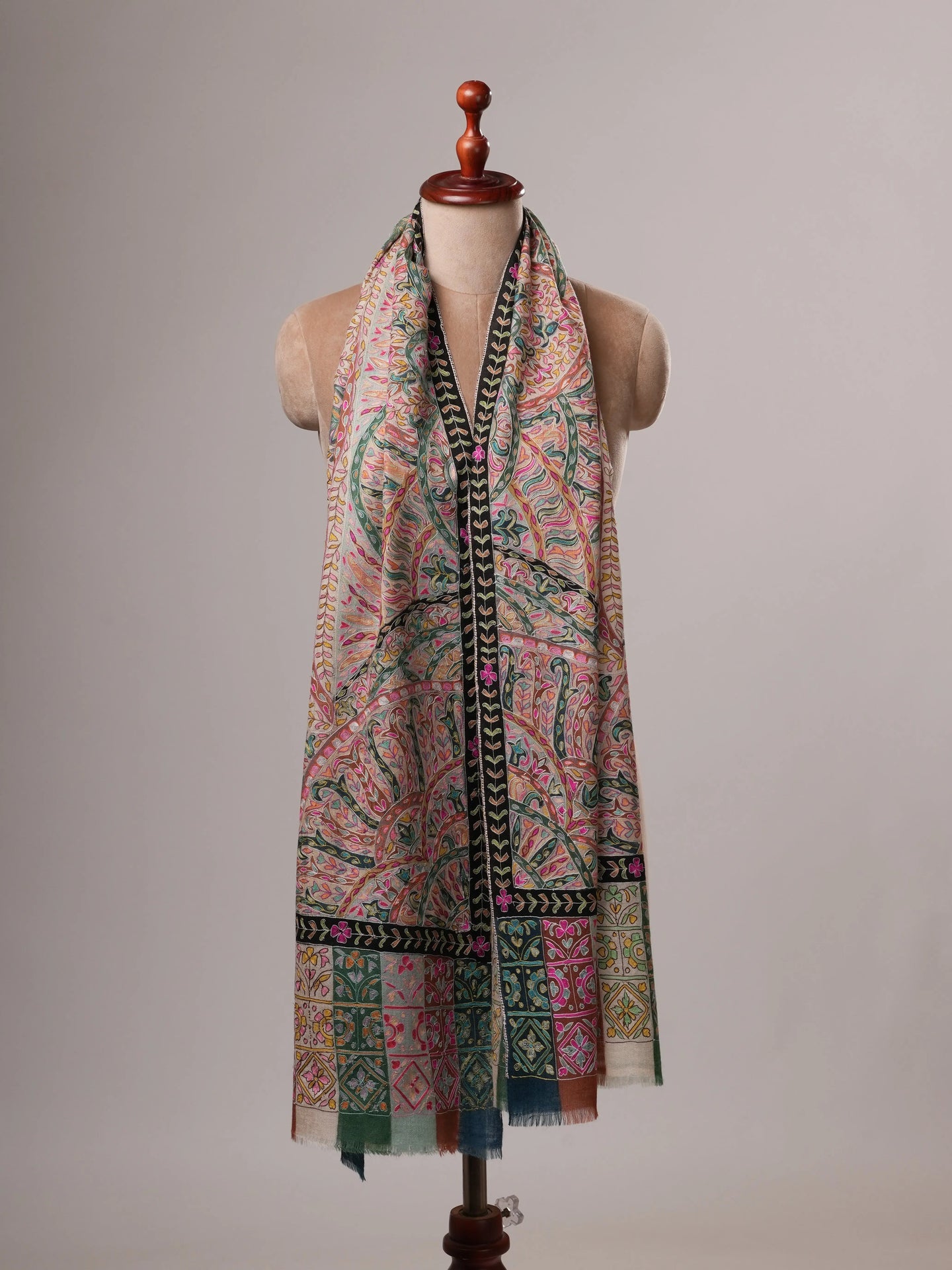 Soft Cashmere Scarf with Handpainted Design and Hook Embroidery Shahkaar