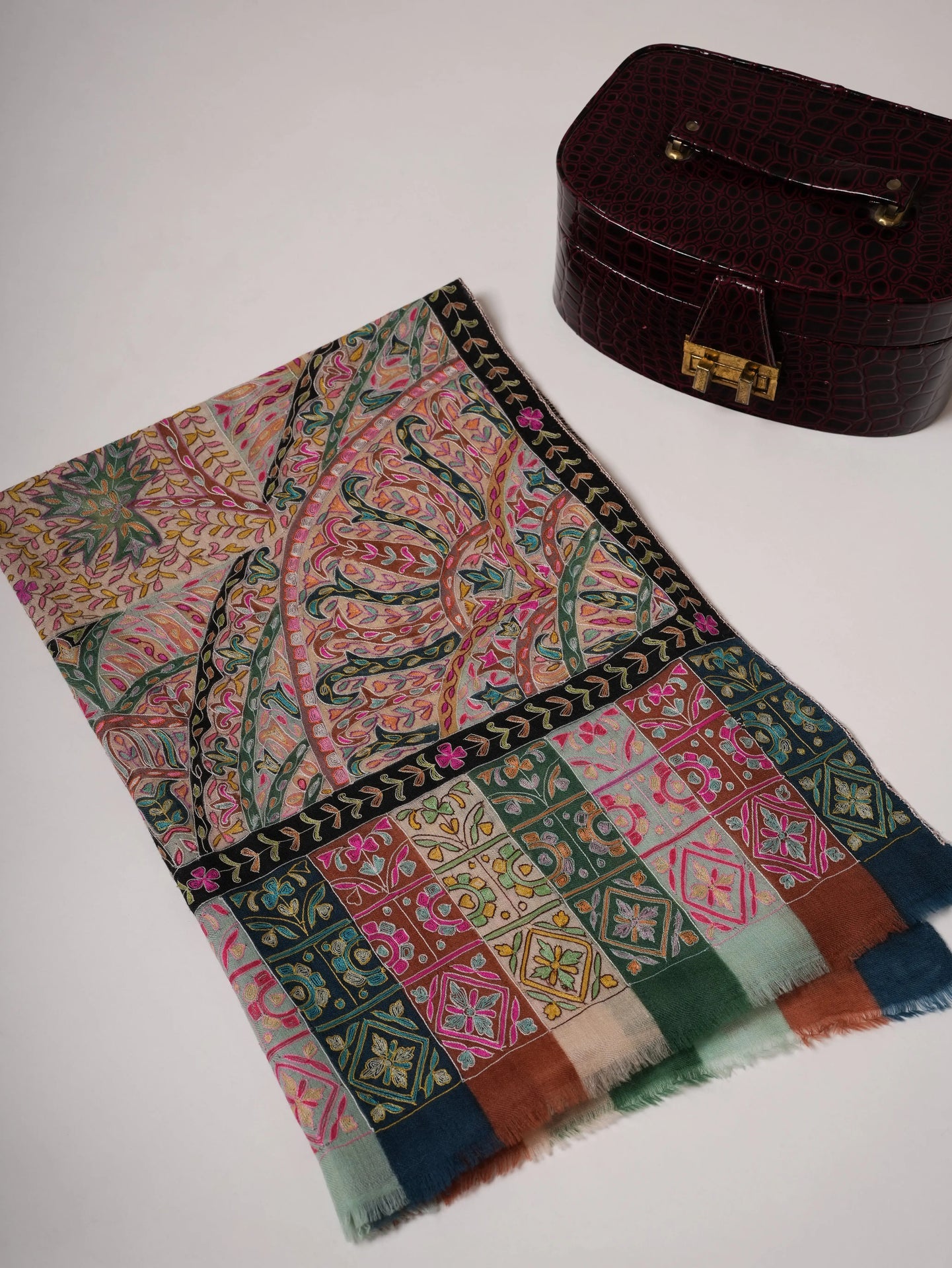 Soft Cashmere Scarf with Handpainted Design and Hook Embroidery Shahkaar
