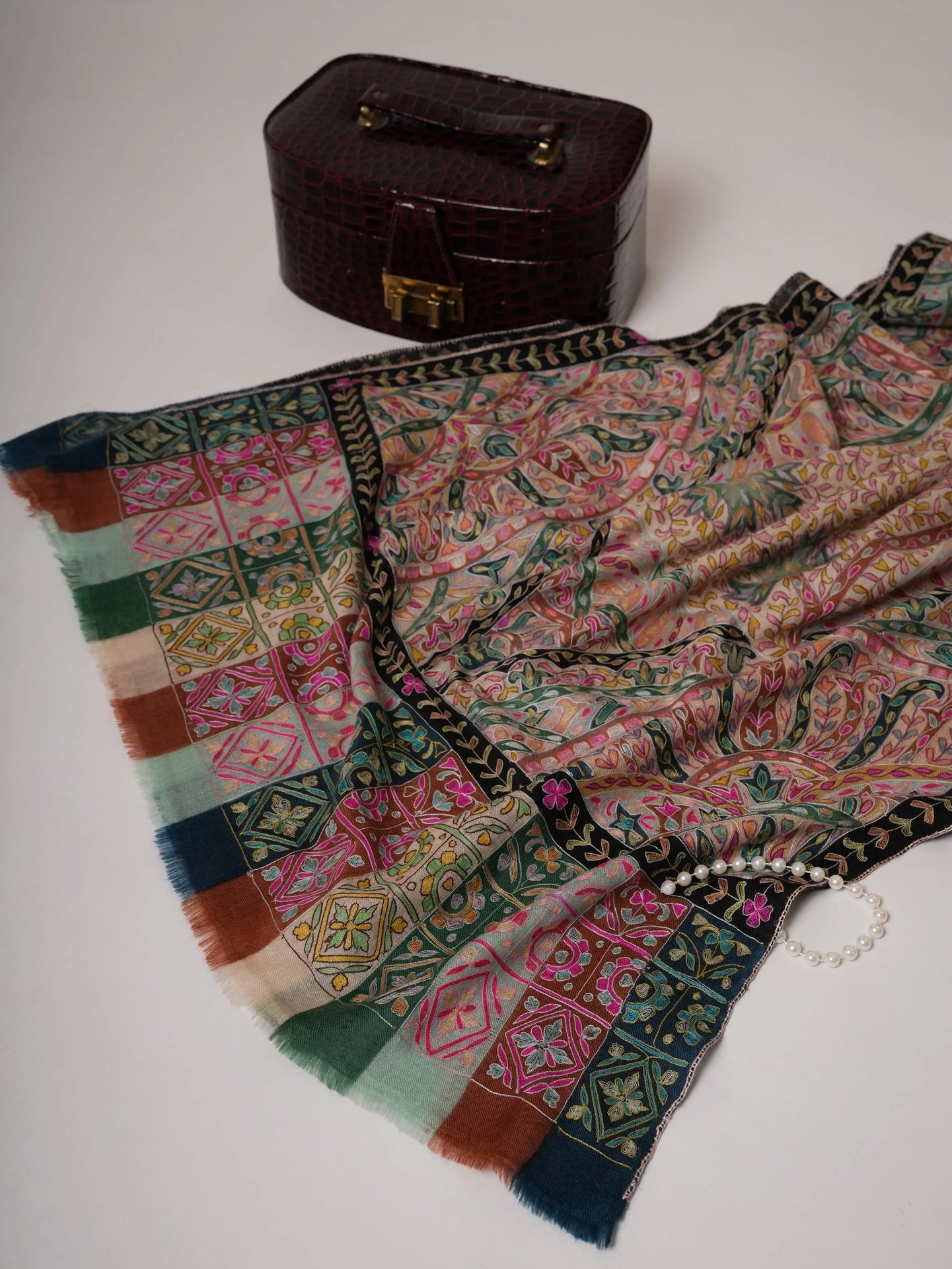 Soft Cashmere Scarf with Handpainted Design and Hook Embroidery Shahkaar