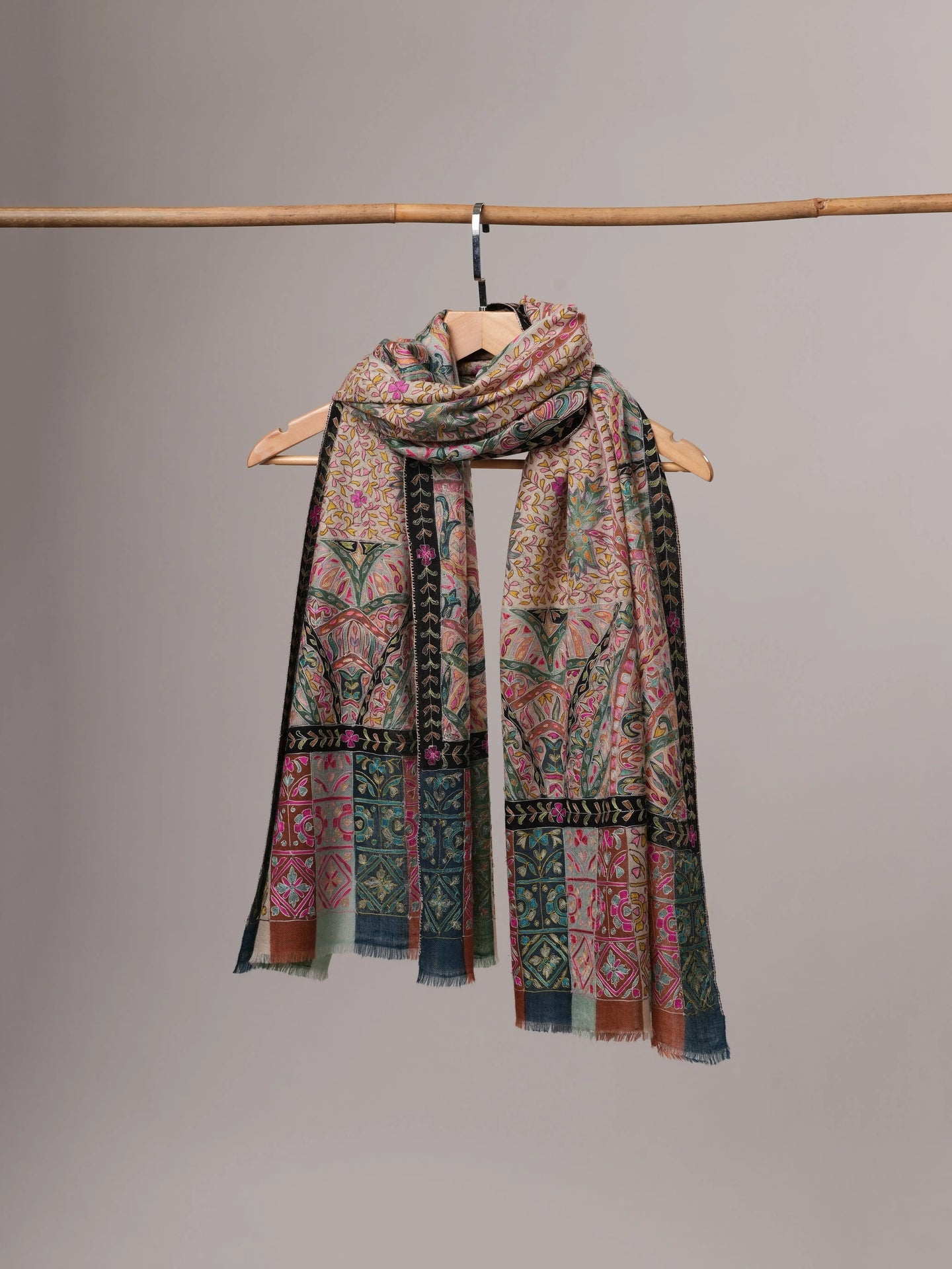 Soft Cashmere Scarf with Handpainted Design and Hook Embroidery Shahkaar