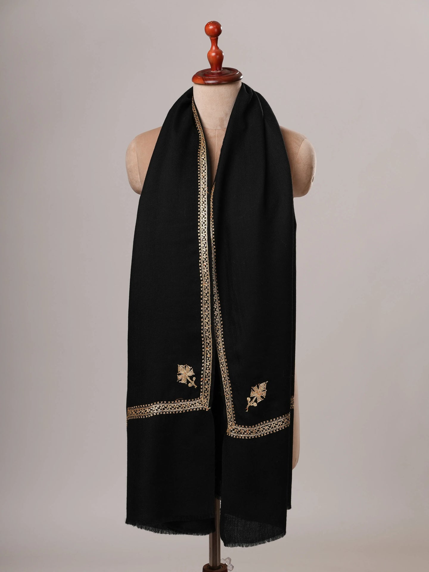 Black Hashia Hand Embroidered Soft Wool Shawl with Golden Tilla Shahkaar