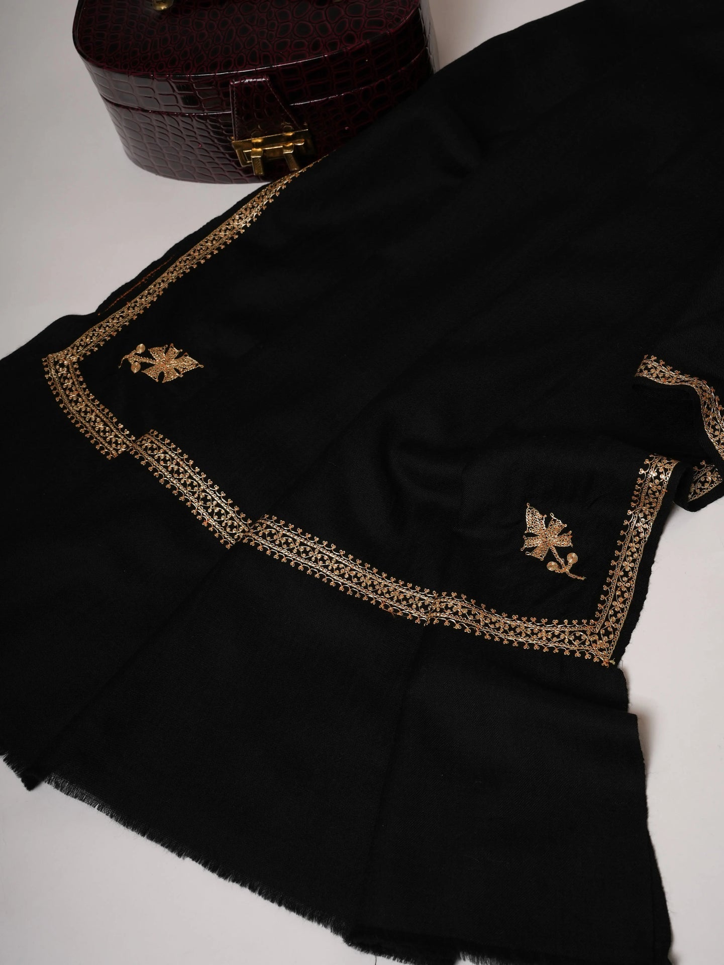 Black Hashia Hand Embroidered Soft Wool Shawl with Golden Tilla Shahkaar