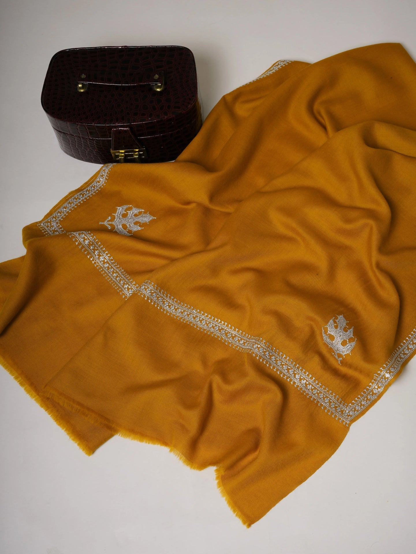 Mustard Hashia Tilla Hand Embroidered Fine Wool Shawl Shahkaar