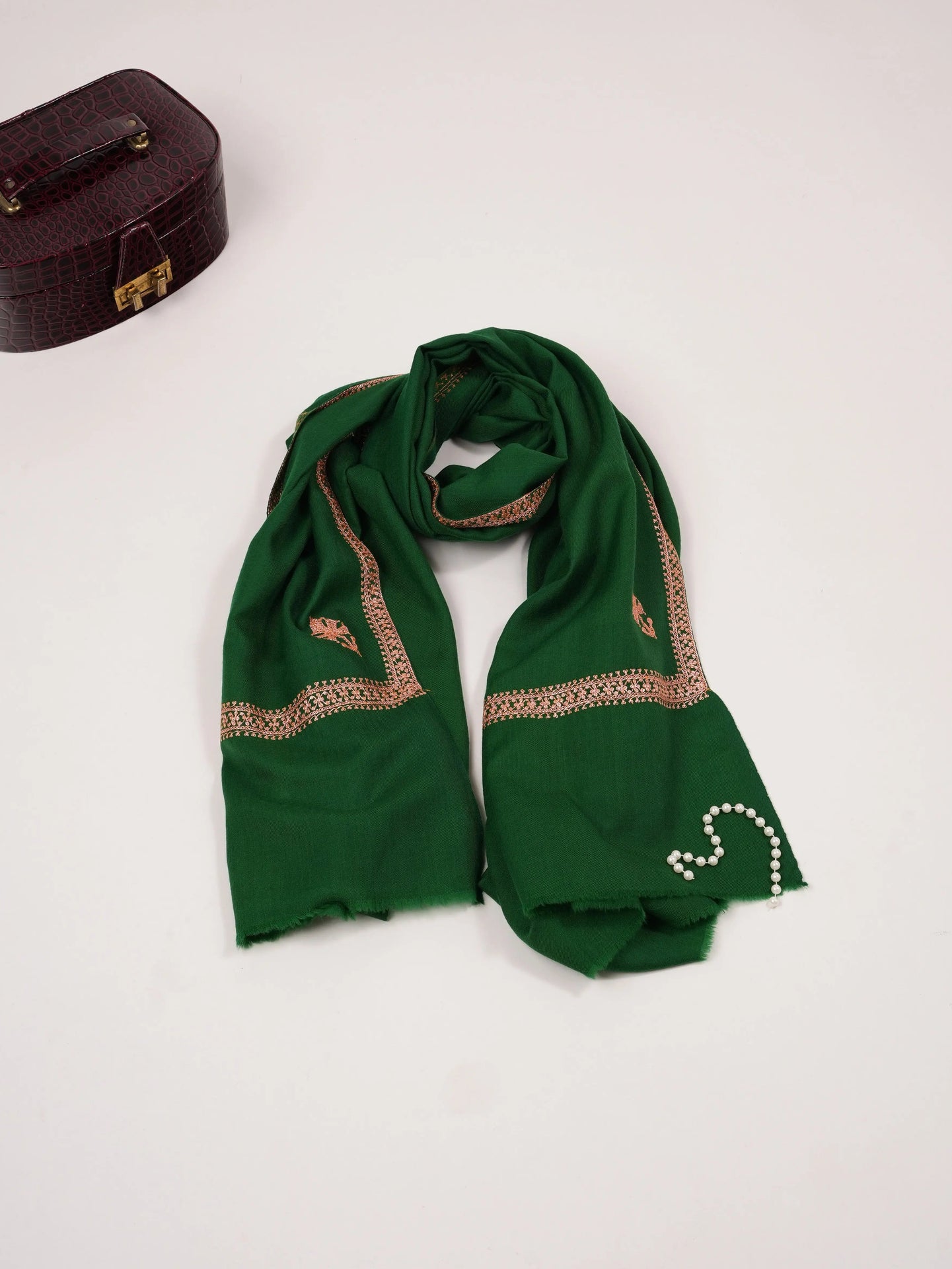 Emerald Green Fine Wool Shawl with Baildar Hand Tilla Embroidery Shahkaar.com